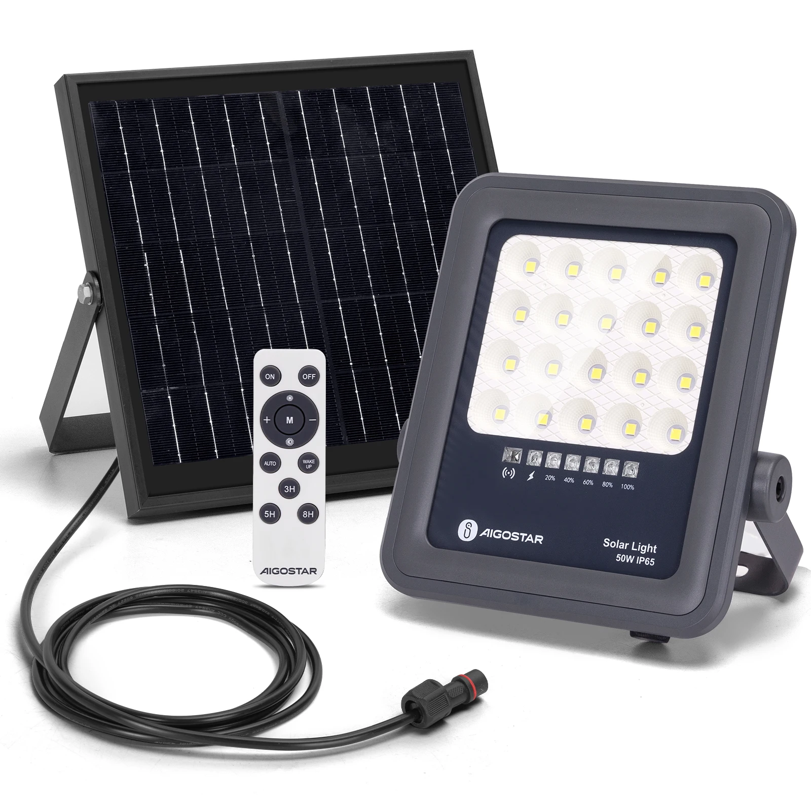 Foco Proyector LED Solar Aigostar con Control Remoto 50W 500LM Luz Blanca Fría 6500K