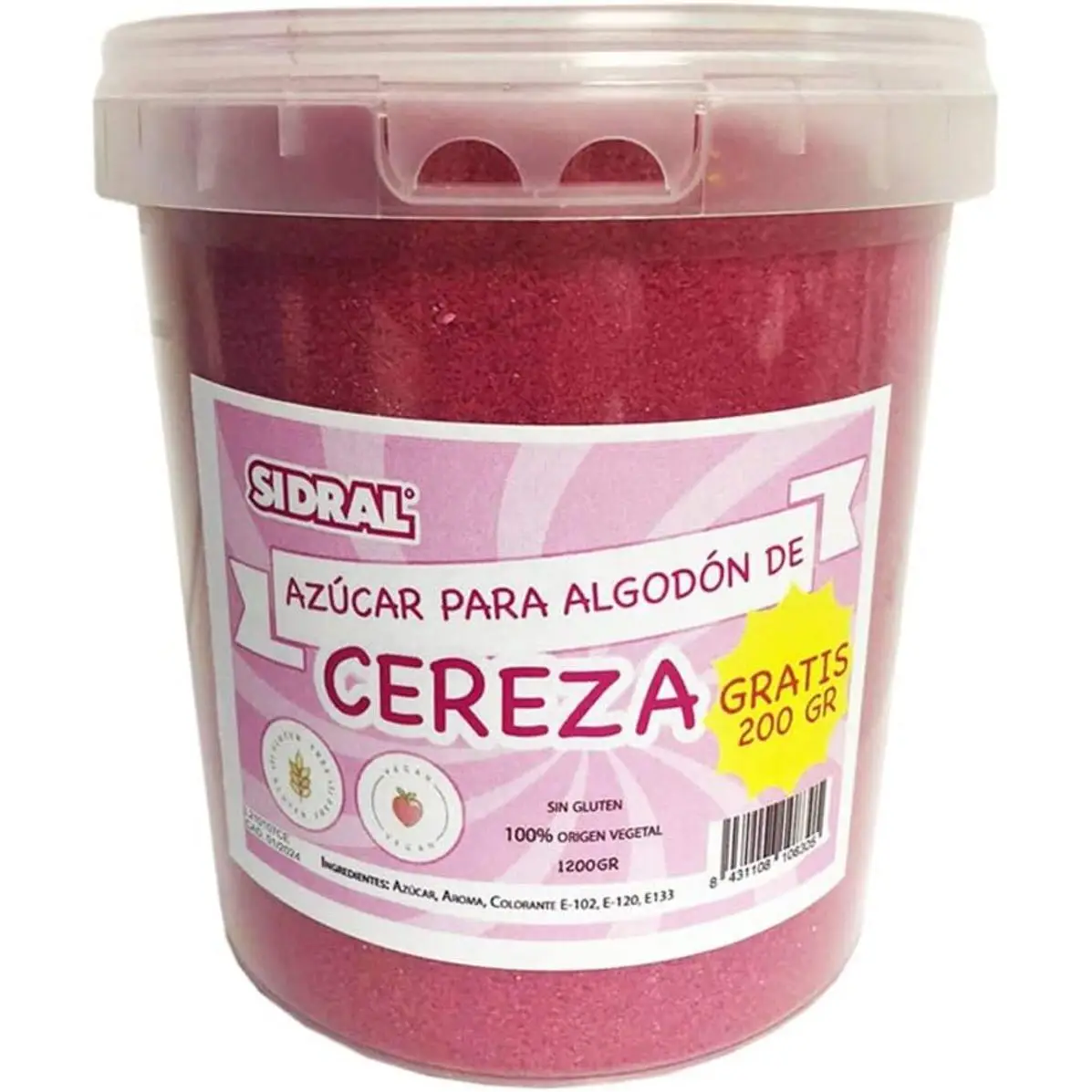 SIDRAL Cereza - Algodón de Azúcar 1200 gr (200gr. GRATIS) - Azúcar Aromatizado de Cereza Natural - Azúcar de Cereza - Ideal para Postres
