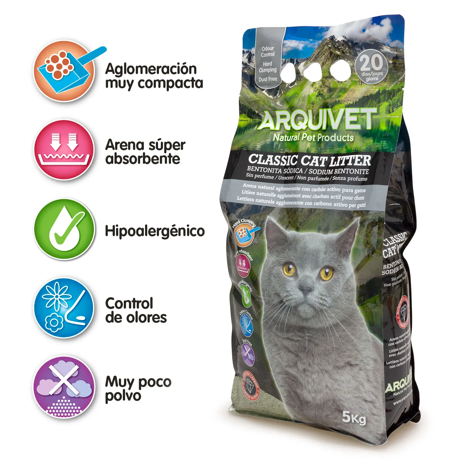Classic Cat Litter - Arena natural aglomerante con carbón activo - 5 Kg