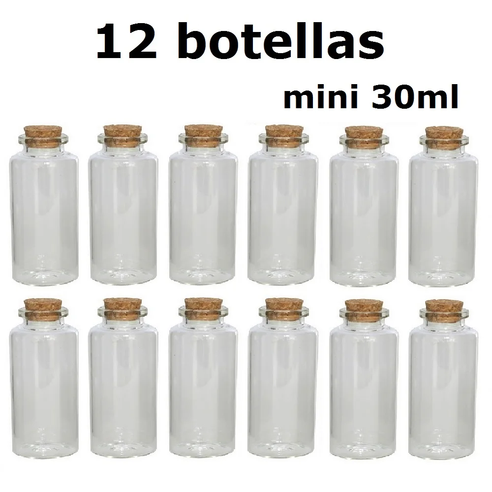 pack 12 mini botellas con tapon de corcho 30ml,medidas 30mmX80mm,material cristal/vidrio,cm,fespu