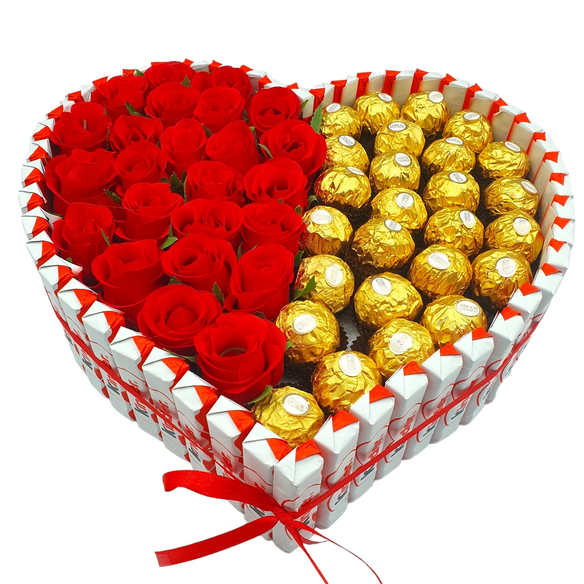 Heart of roses and ferrero rocher - ideal gift for valentine's day - 25 ferrero rocher chocolates - 24 artificial roses. 30 cm chocolate heart. Ferrero rocher - kinder chocolate [iami]