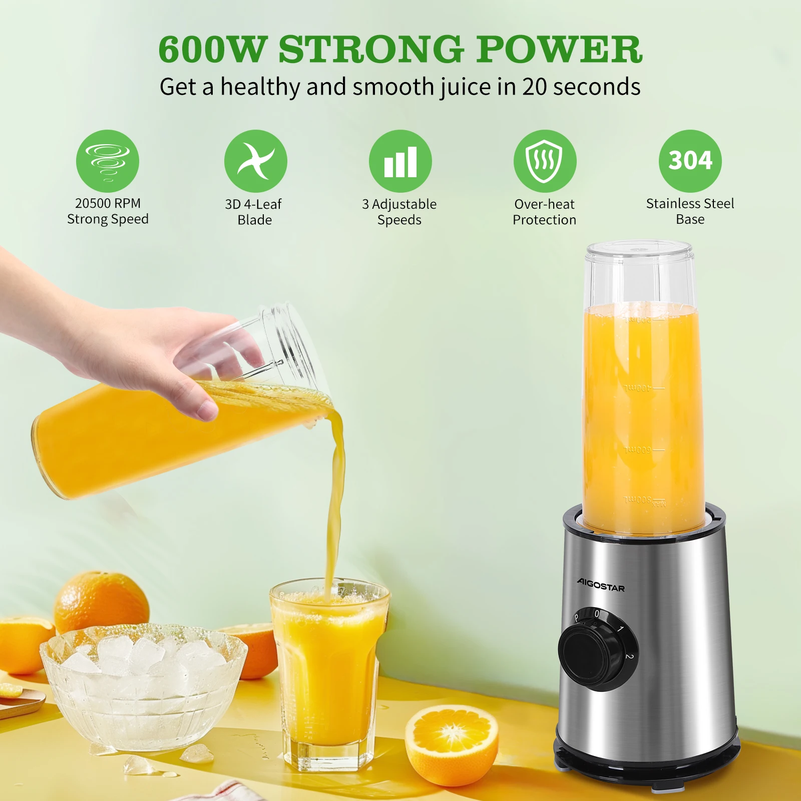 Aigostar Glass Blender - Portable 600W High Power Mixer with 800ml Jug, Stainless Steel, BPA Free, Ideal for Smoothies and Juices. #2