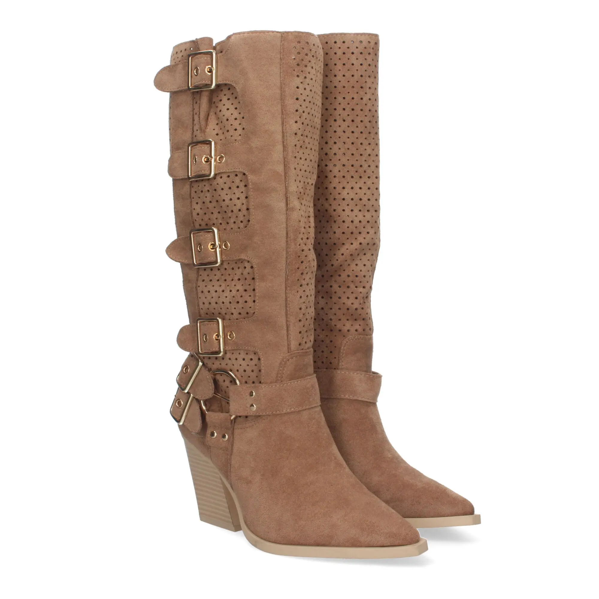 PuntoSalao Botas altas de tacón medio con hebillas estilo motero mujer color camel L1000
