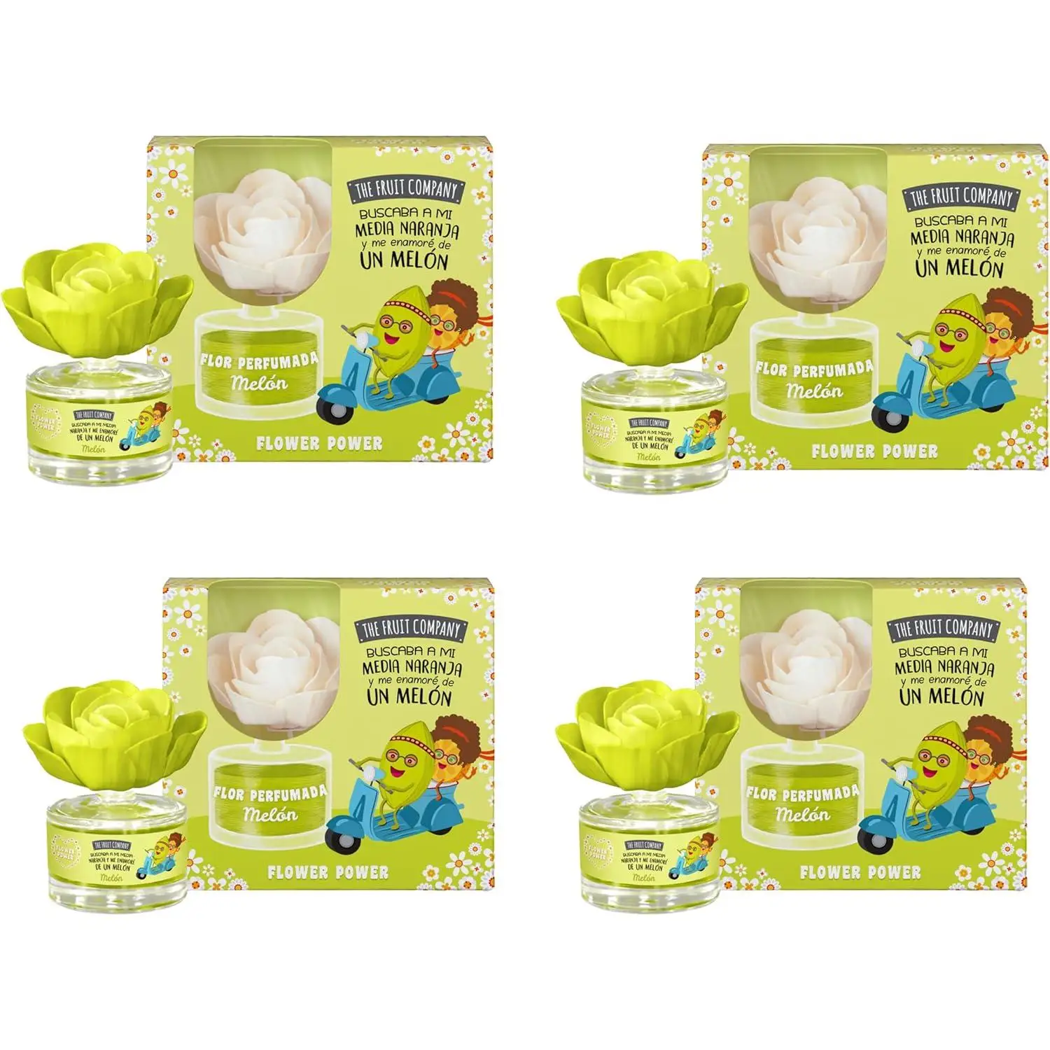 THE FRUIT COMPANY Pack 4 Ambientadores Flor Perfumada Aroma Melón 0% Alcohol - Difusor de Fragancia Natural Flower Power para Hogar y Decoración - Larga Duración con Diseño de Flor