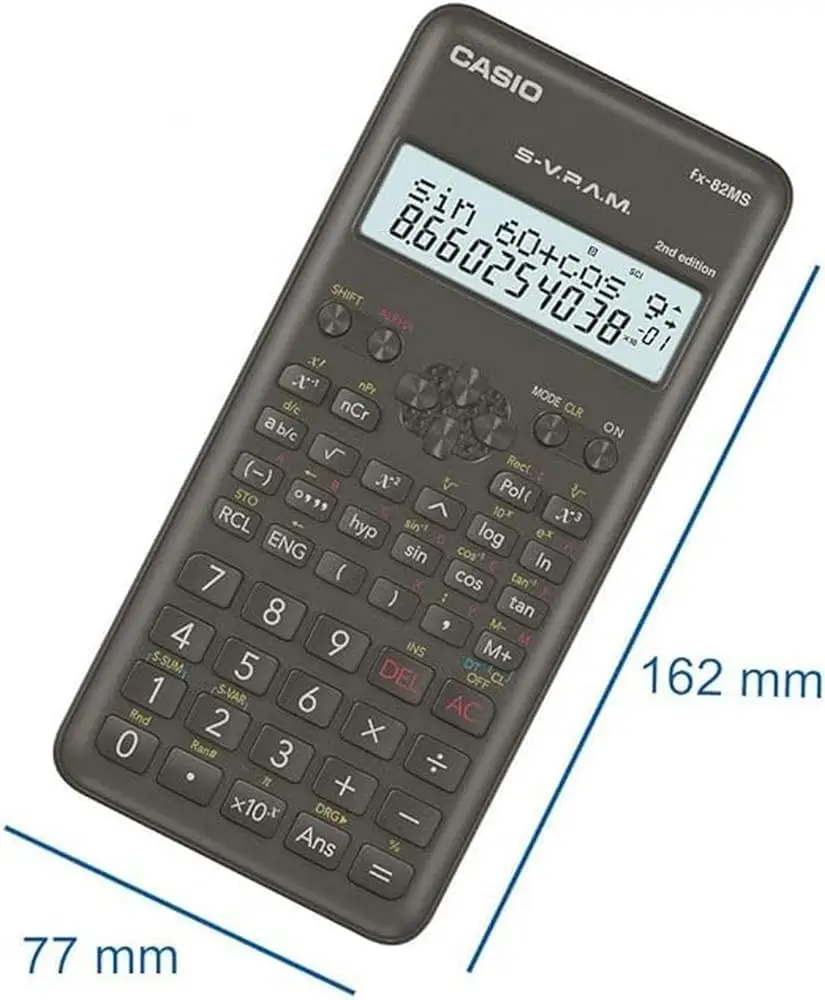 Casio FX-82MS-2 Scientific Calculator with 240 Functions, Dual-Line Display, Ergonomic Design, 8 Memory Constants, Ideal for Students and University, Durable PP/Plastic Material, Perfect for Education and Exam Preparation.