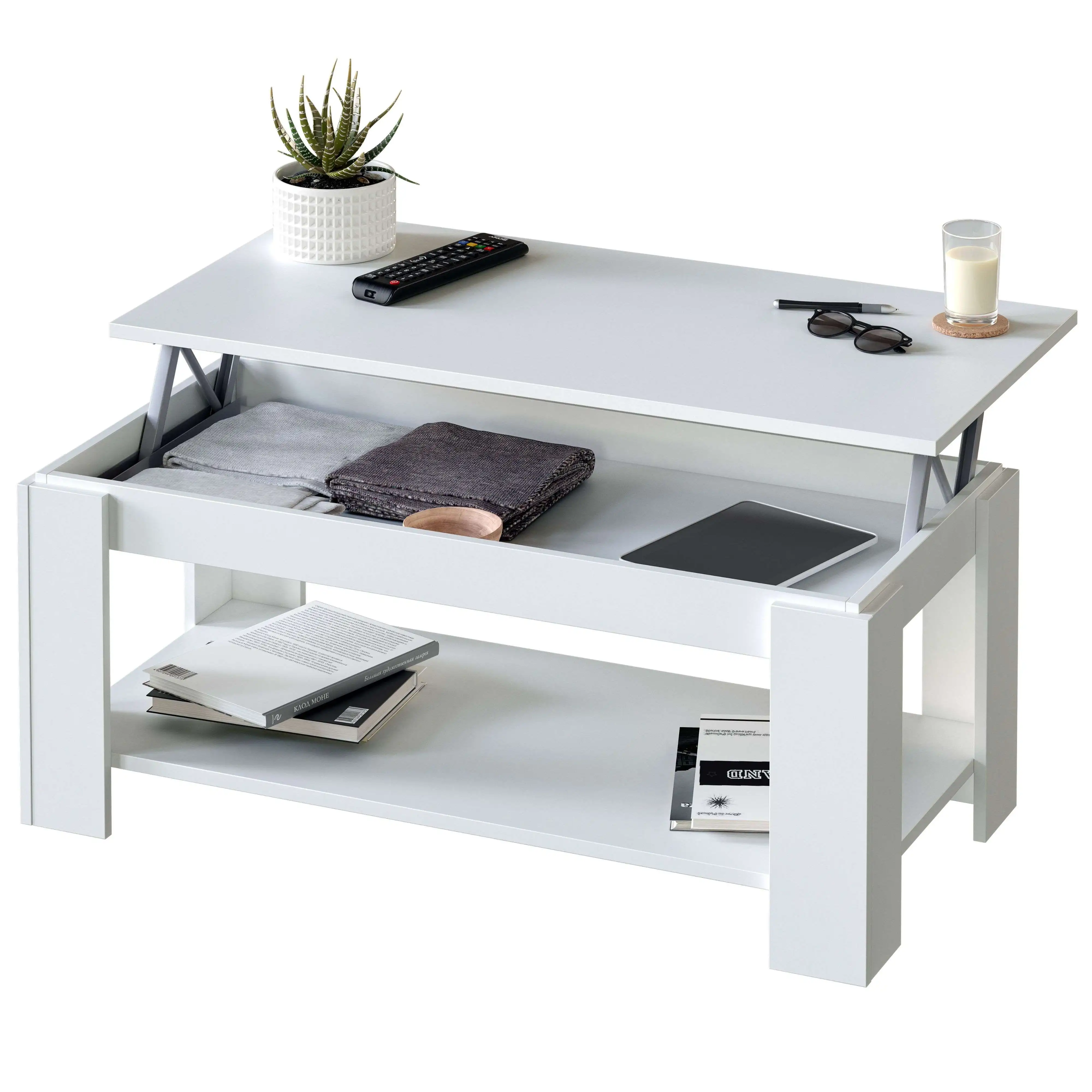Miroytengo Mesa de centro Ambit elevable en blanco artik diseño moderno 43/54x 102x 50 cm