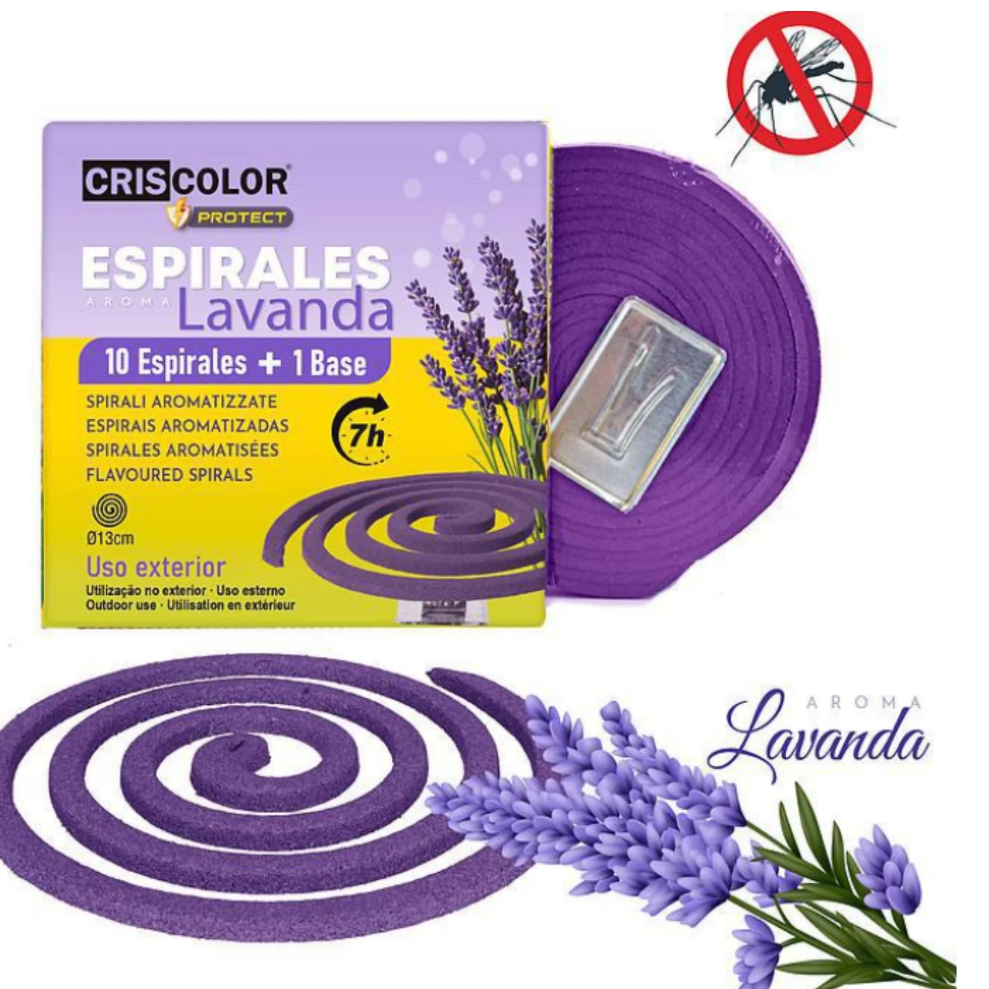 Cris Color - Pack 4 unidades Espirales Antimosquitos con Aroma a Lavanda (Pack 10 Uds + 1 Base Metal)