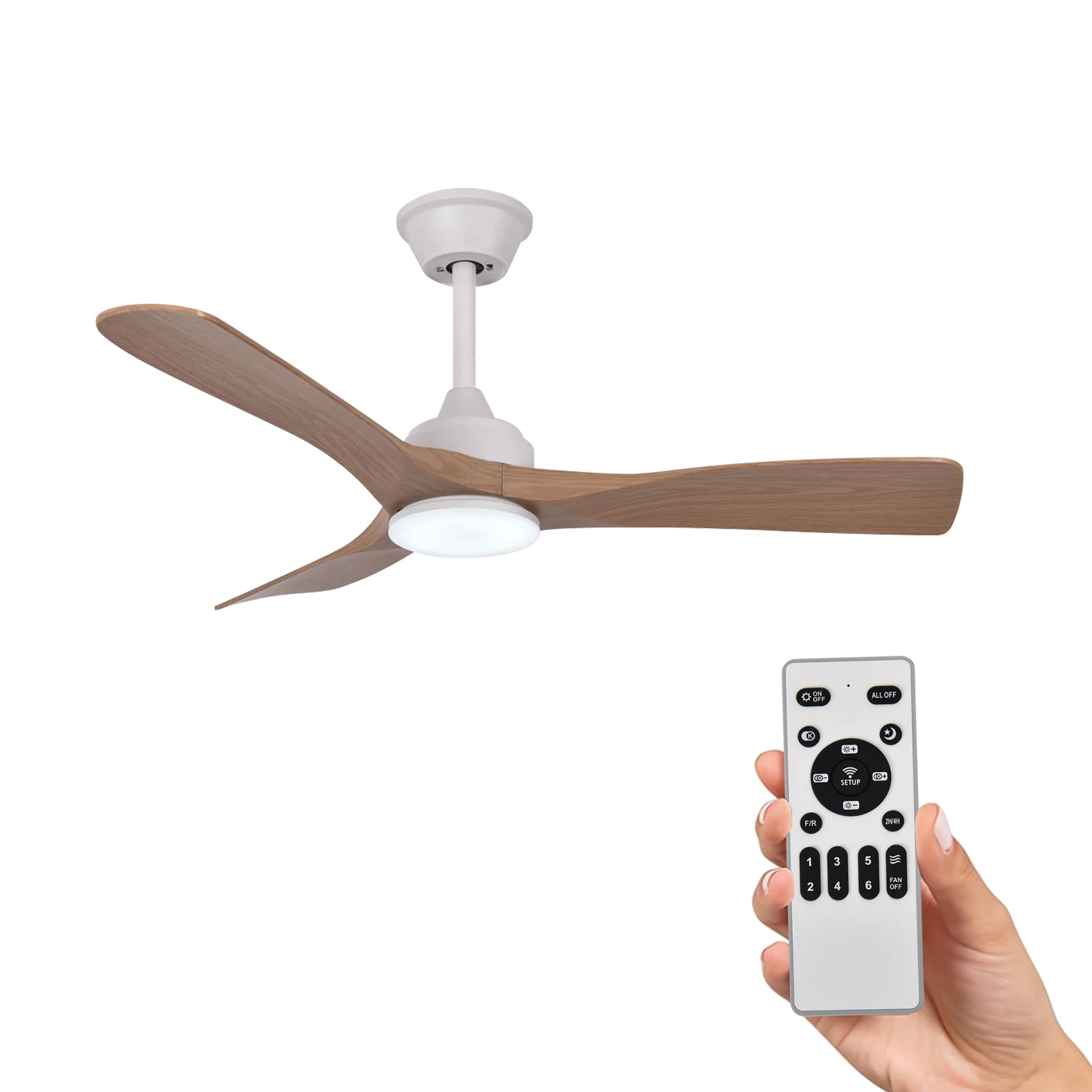 Ventilador de Techo con Luz de 52" para Salón Grande, Motor DC Silencioso, 3 Aspas ABS Efecto Madera Natural, 6 Velocidades con Mando a Distancia, Función Invierno, 3 Colores de Luz LED, Ideal para