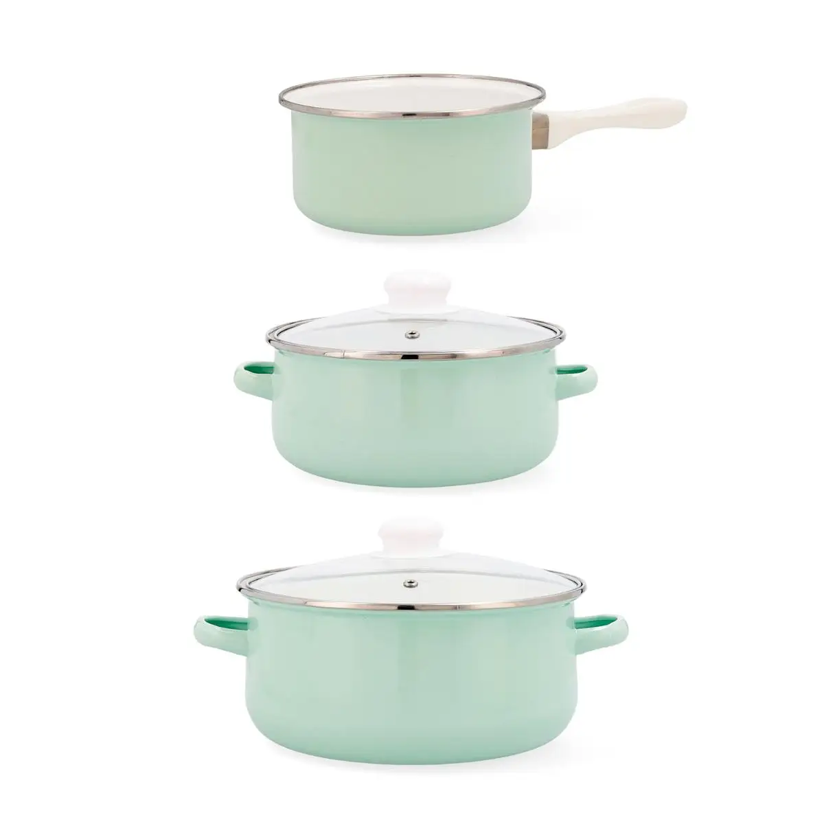 QUID COCCO Set 3p Bateria Cocina Esmaltado Cocco Qd 20CM - 24CM - 16CM Verde Asas o Mango Acero Antiadherente
