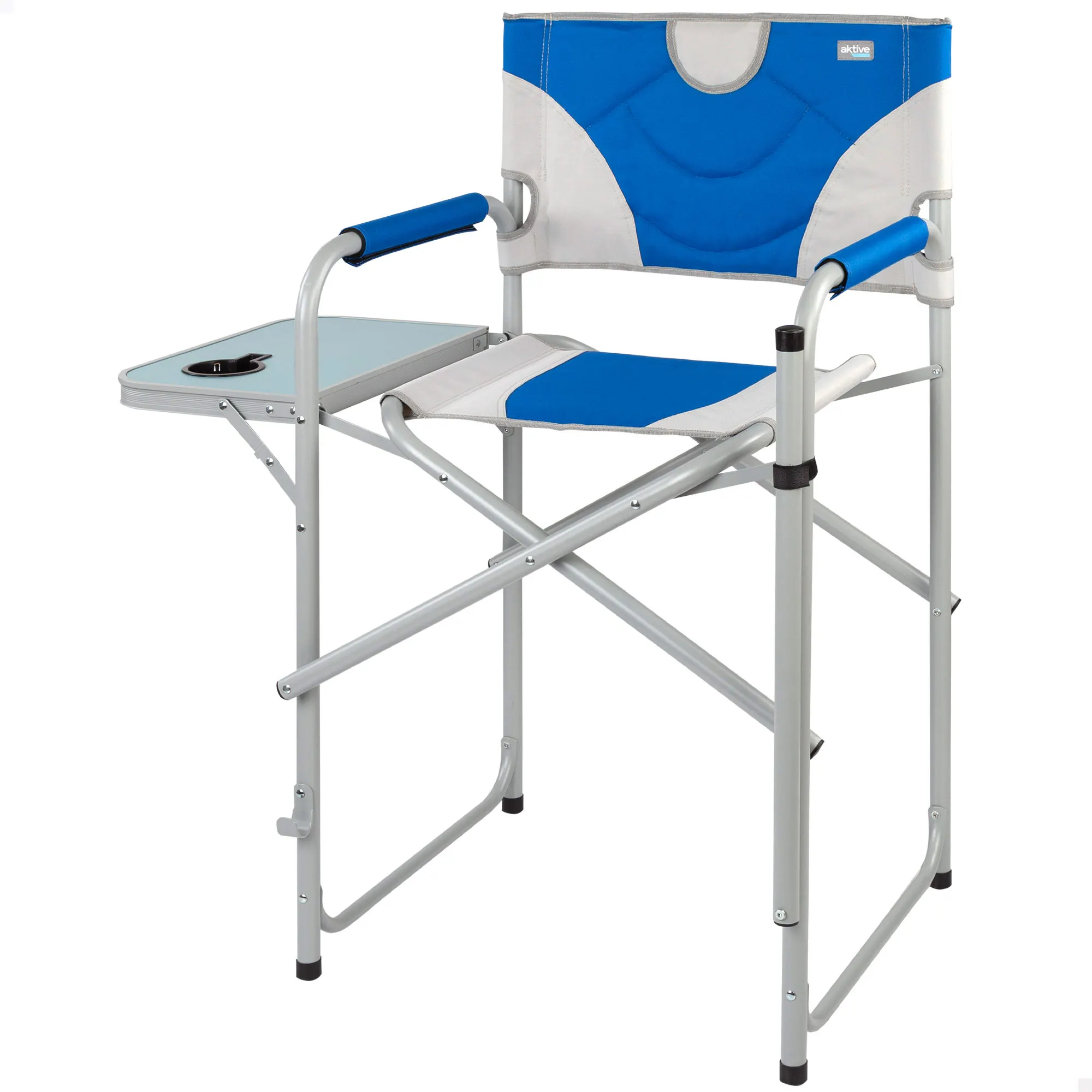 Aktive Sports - Silla de director XL, plegable, con mesa, 58x57x103 cm, con reposapiés, blanco y azul, con portavasos, de acero