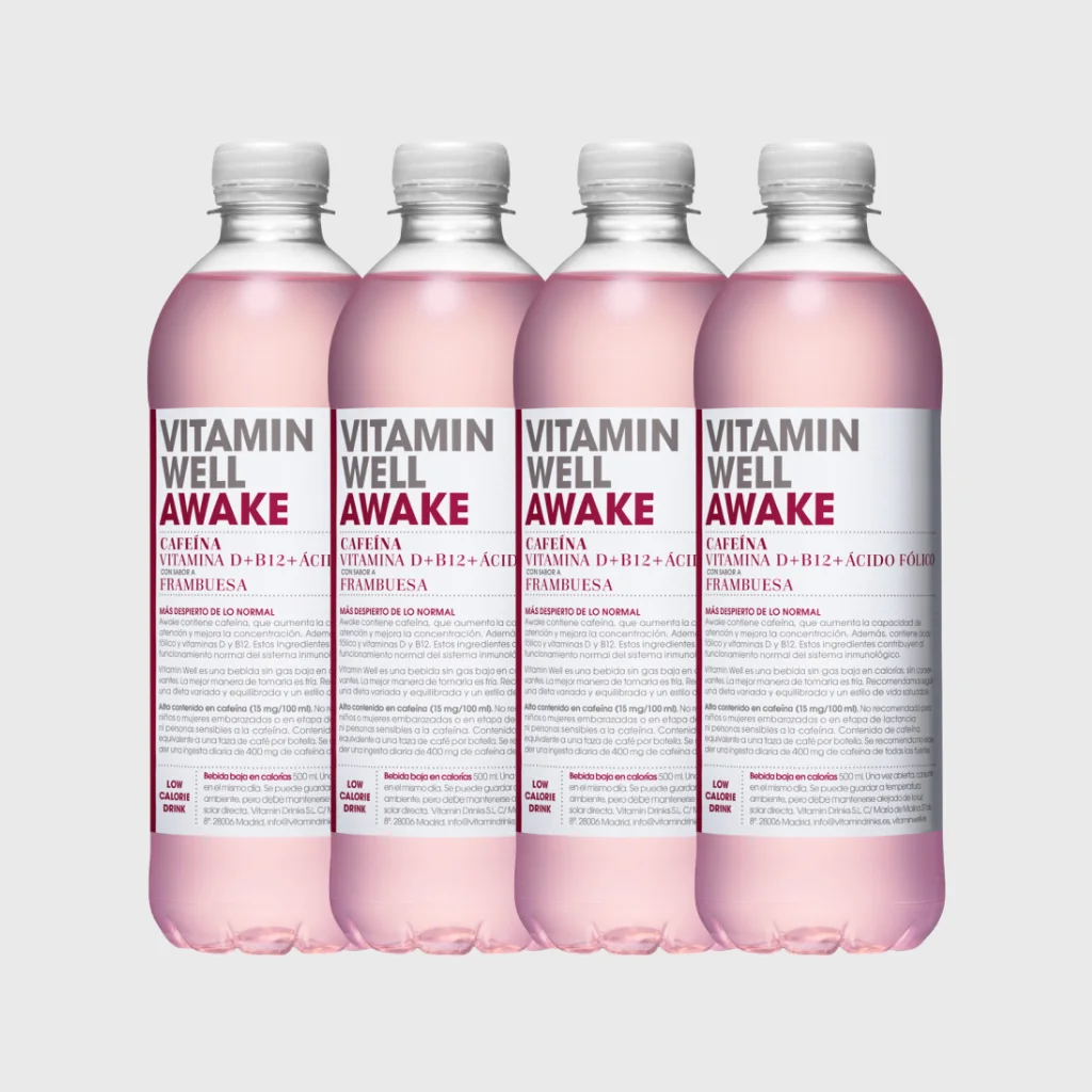 Pack 4x Bebida Vitaminada Awake  500ml  Sabor Frambuesa  Con Cafeína y Vitaminas  Energía y Vitalidad  VITAMIN WELL