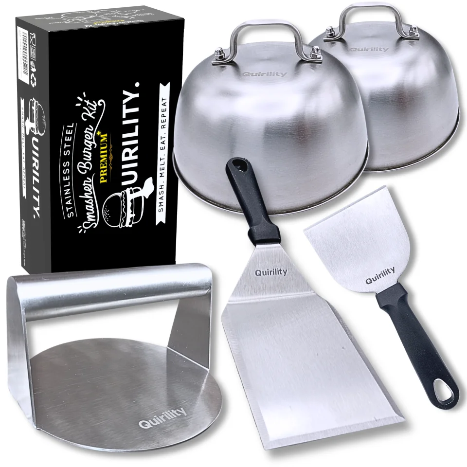 Quirility ® |   Smash burger premium professional stainless steel kit with eu food contact certificate, hamburger smasher, hamburger crusher, smash burger press, hamburger smasher