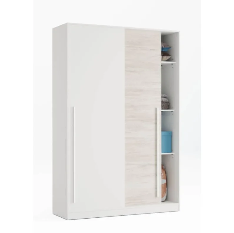 MOBELCENTER - Armario 2 Puertas Correderas Elliot Juvenil, 3 estantes y Barra de Colgar - Blanco Artik y Blanco Velho - 120 cm x 50 cm x 200 cm (1384)