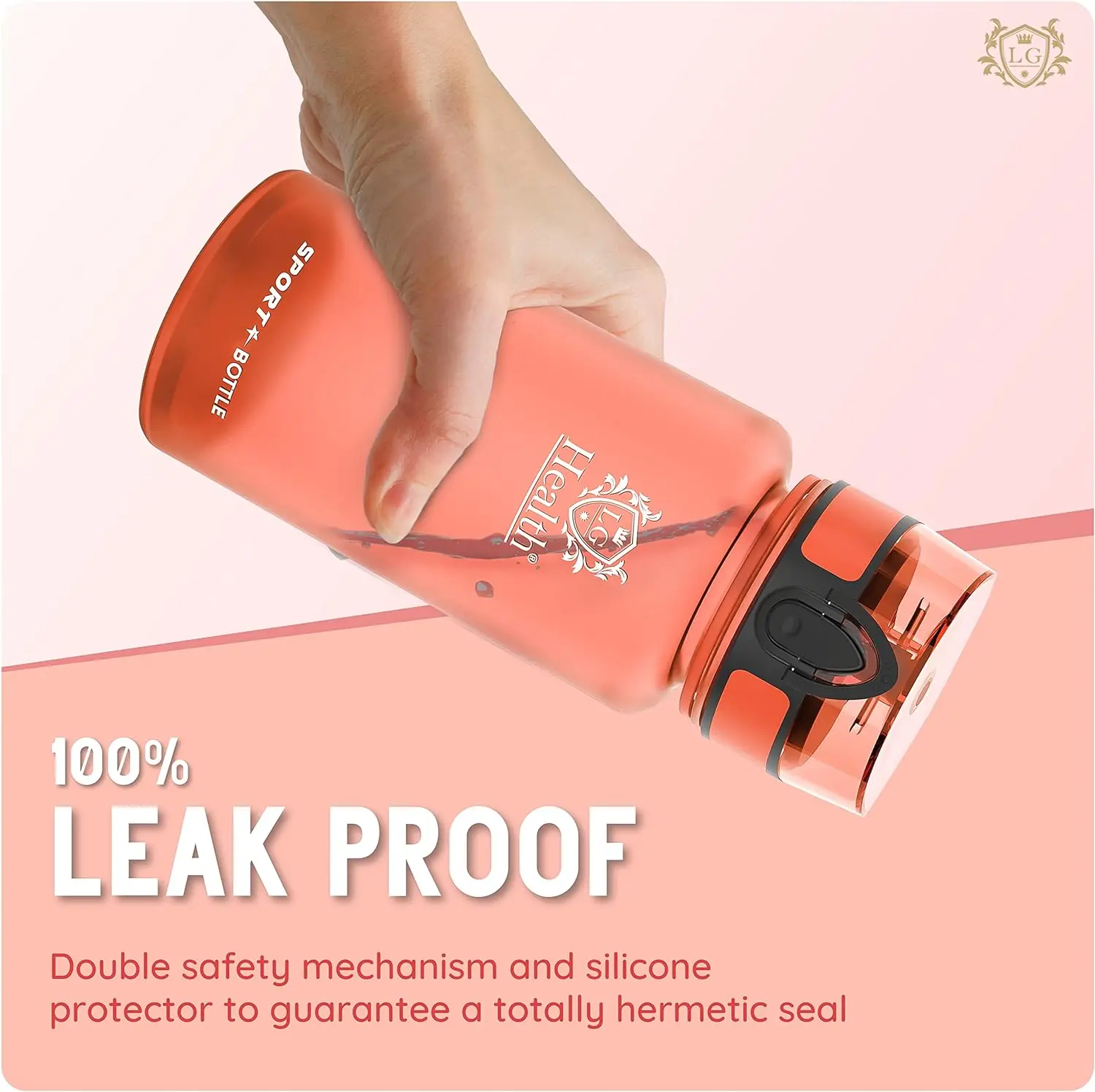 LG Health Sport orange water bottle 500 ml. Tritan gym sports bottle. BPA & BPS free plastic. Double airtight closure and button opening. Reusable bottle with neoprene cover.