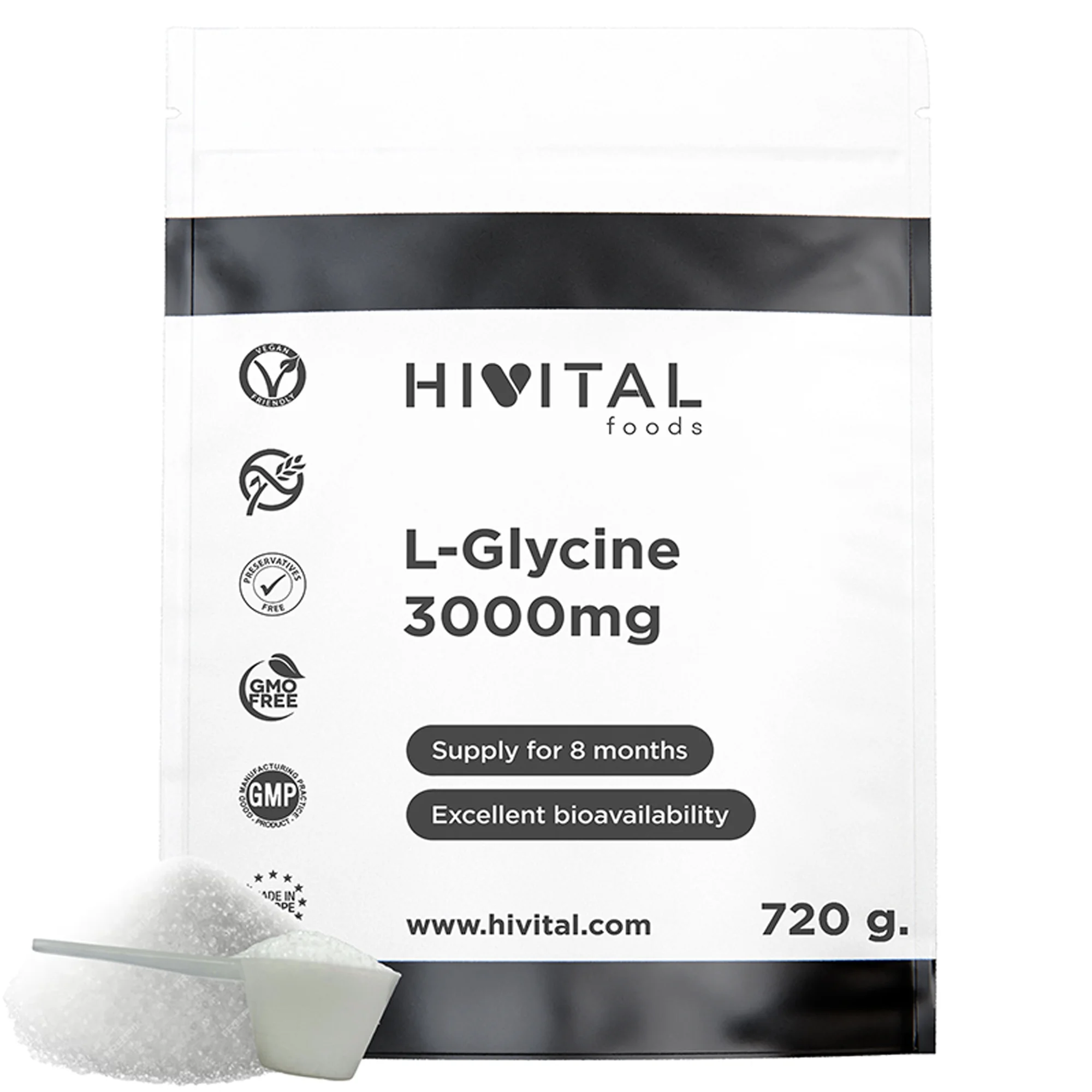 Glicina 3000 mg por dosis. 720 g. por pack para 8 meses de tratamiento. Aminoácido L-Glicina pura, 100% vegana, que ayuda a fortalecer las articulaciones, huesos, músculos, piel y cabello. Hivital