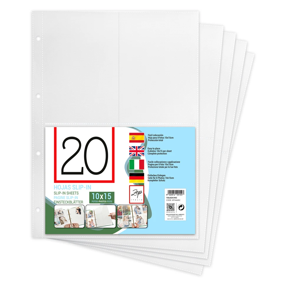 Slip-In sheets for Photos 10x15 cms, replacement compatible with ring album, to preserve your favorite memories and photos-20 sheets. Easy placement, total protection