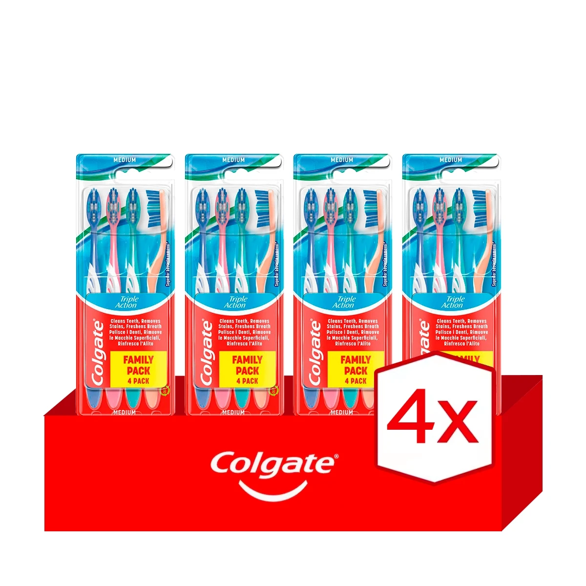 Pack 4 unidades. Cepillo de dientes Colgate Triple Action refresca el aliento, medio 4uds
