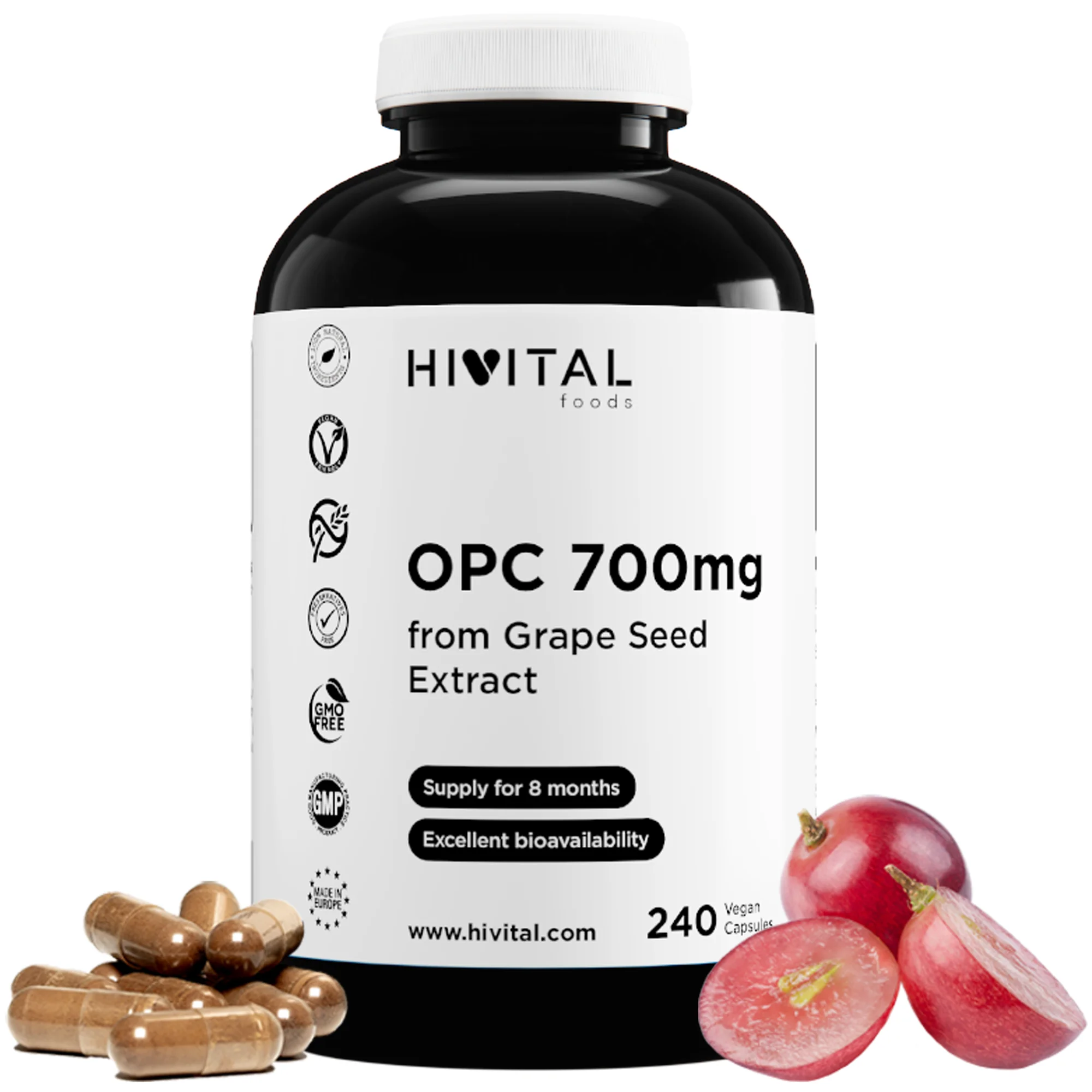 OPC Semilla de Uva 700 mg | 240 cápsulas veganas. Hivital