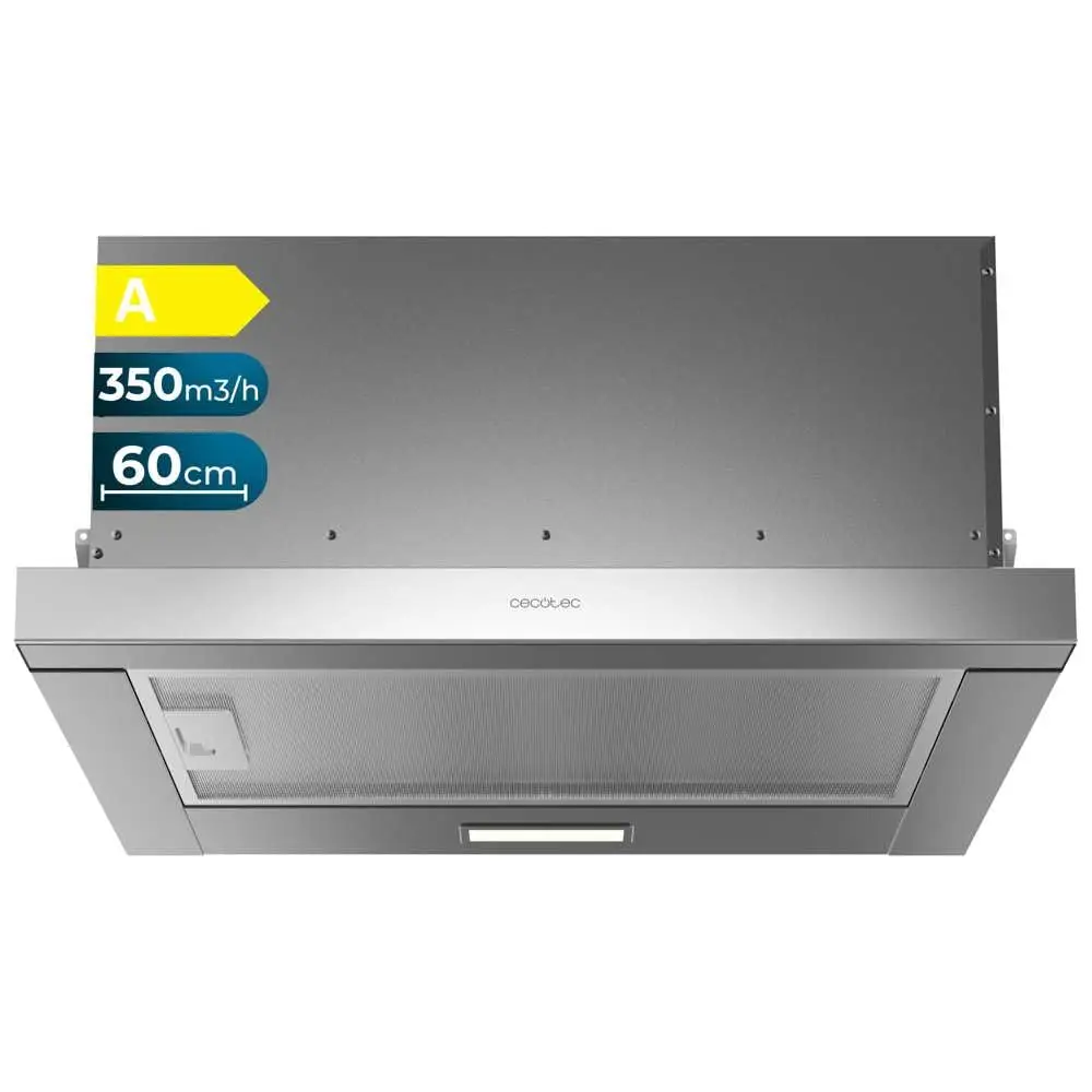 Campana extratora telescópica Flux TLM 603500 Inox A de 60cm de ancho, acabado inox, potencia succión 350m3/h, Motor 70W, Clase A, control mecánico, 2 niveles de potencia y filtro de carbono.