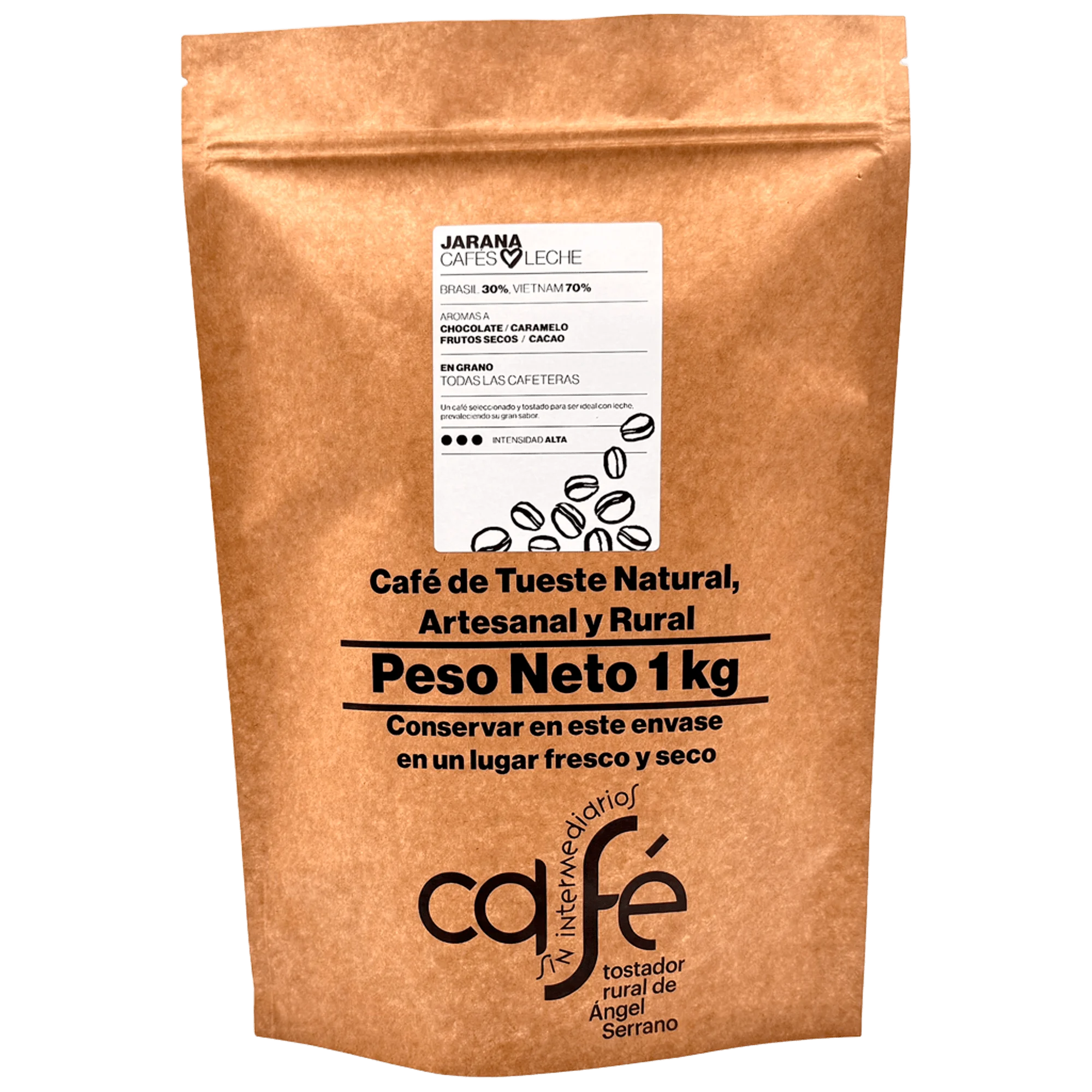 CAFÉ SIN INTERMEDIARIOS - Café de Vietnam y Brasil - Jarana - Ideal para combinar con leche - Intensidad de sabor Alta - Recién tostado y envasado - 1 Kg Grano o Molido (Exprés, Filtro, Italiana