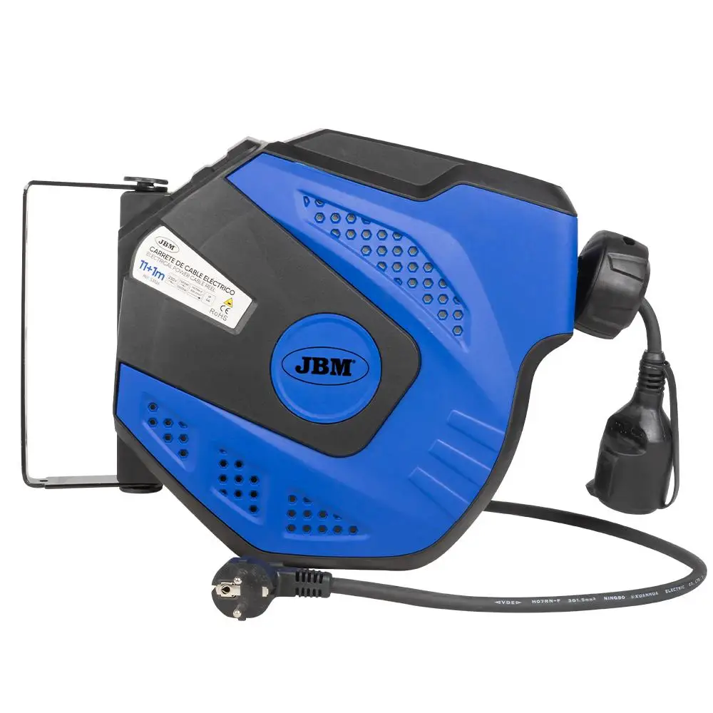 JBM 53526 12M electric cable reel-blue. With delivery man. Cable blocker. With overload protection differential. Long cable: 11 + 1m. Voltage: 230V.