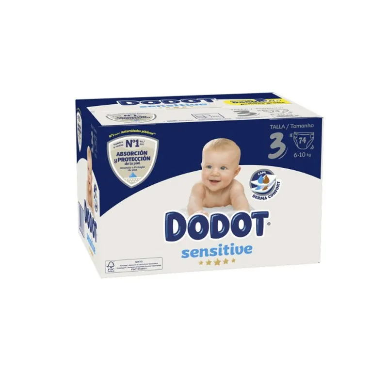 Dodot Pañales Bebé Sensitive, Talla 3 (6-10 kg), 74 Pañales , Nº1 en Protección de la Piel de Dodot, Pack Mensual