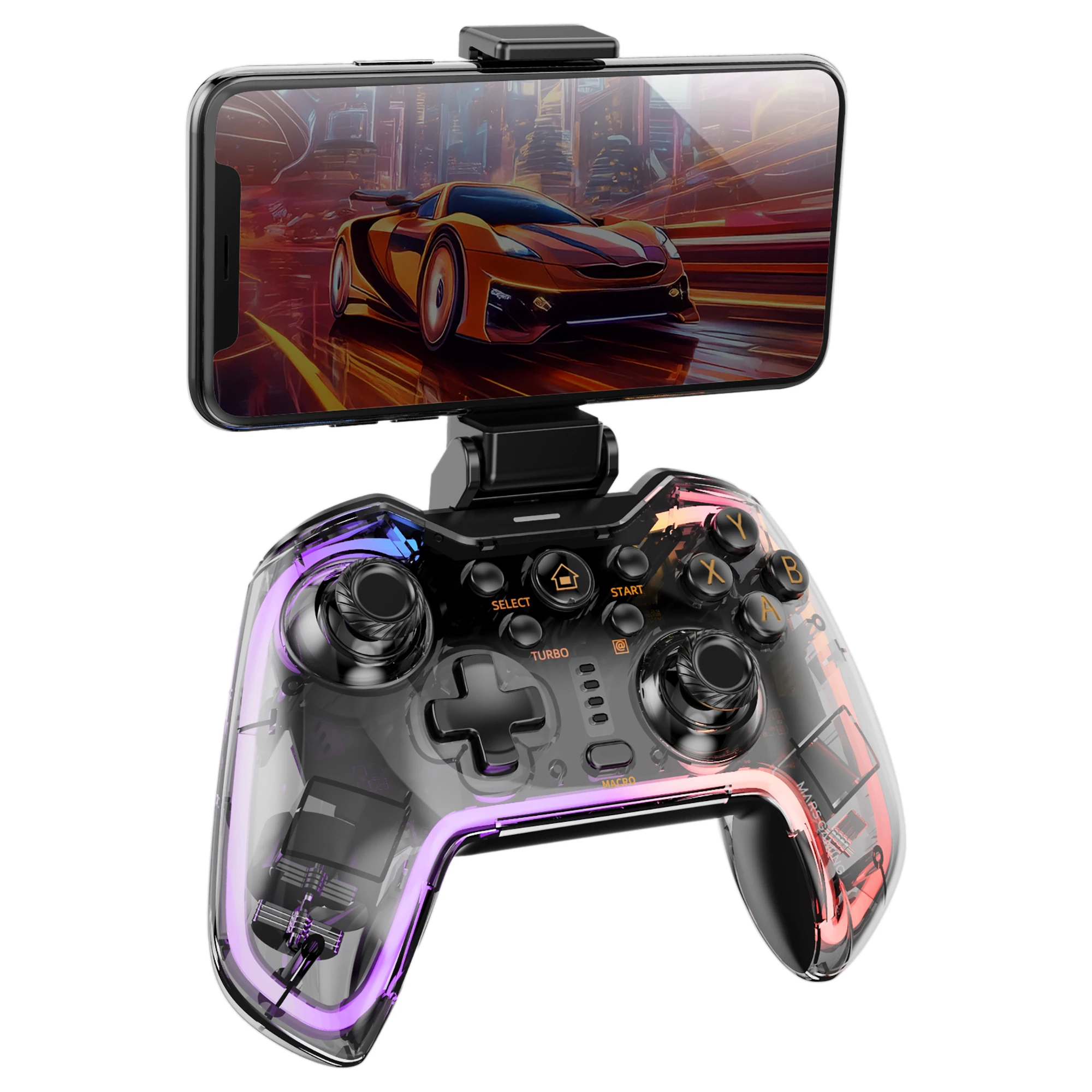 Mats Gaming MGP-BT2, Gamepad Bluetooth 5.0, RGB Neon, Adaptador Universal Smartphone hasta 7", Función Turbo, Vibración Háptica, Gatillos Analógicos, Función de Macros, Conexión Dual, Switch, Switch