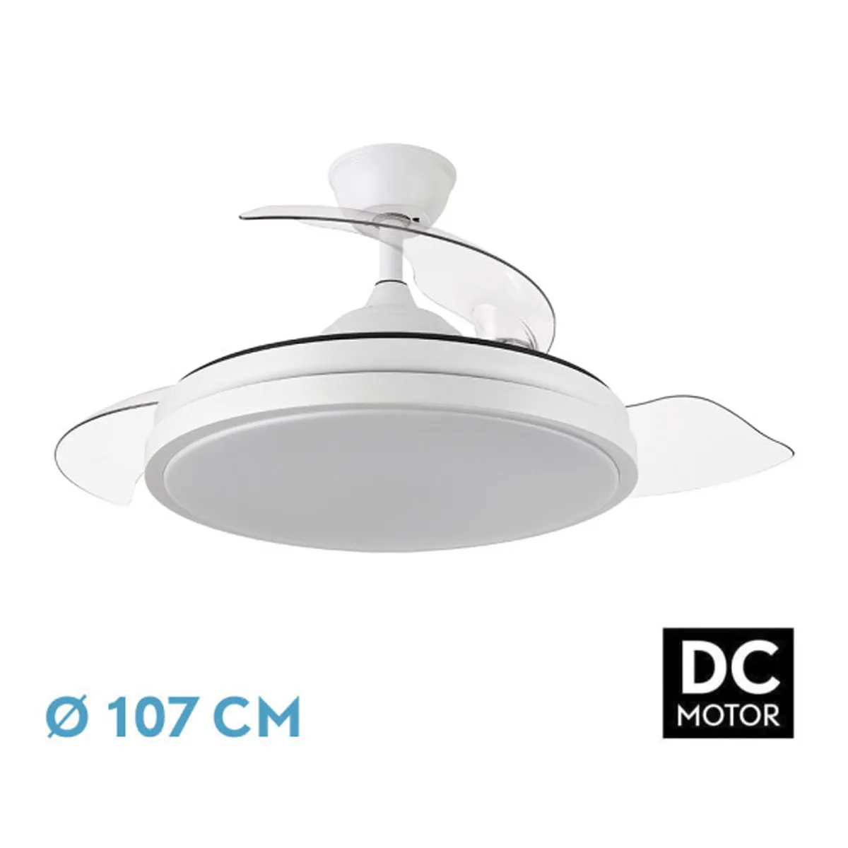 Scorpion dc ceiling fan 59w white with led light, 3 folding blades, remote control and timer fabrilamp