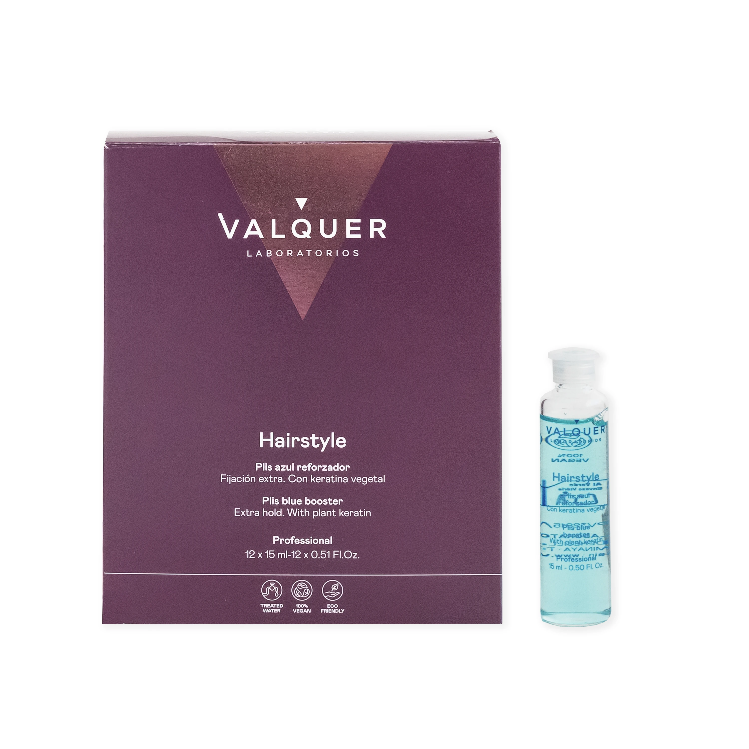 Valquer Laboratorios Plis Azul Reforzador Capilar - 12x15 Ml. Con estas ampollas capilares se conseguirá una fijación extra del peinado, además de que lo facilita mucho y alarga su duración. Aporta