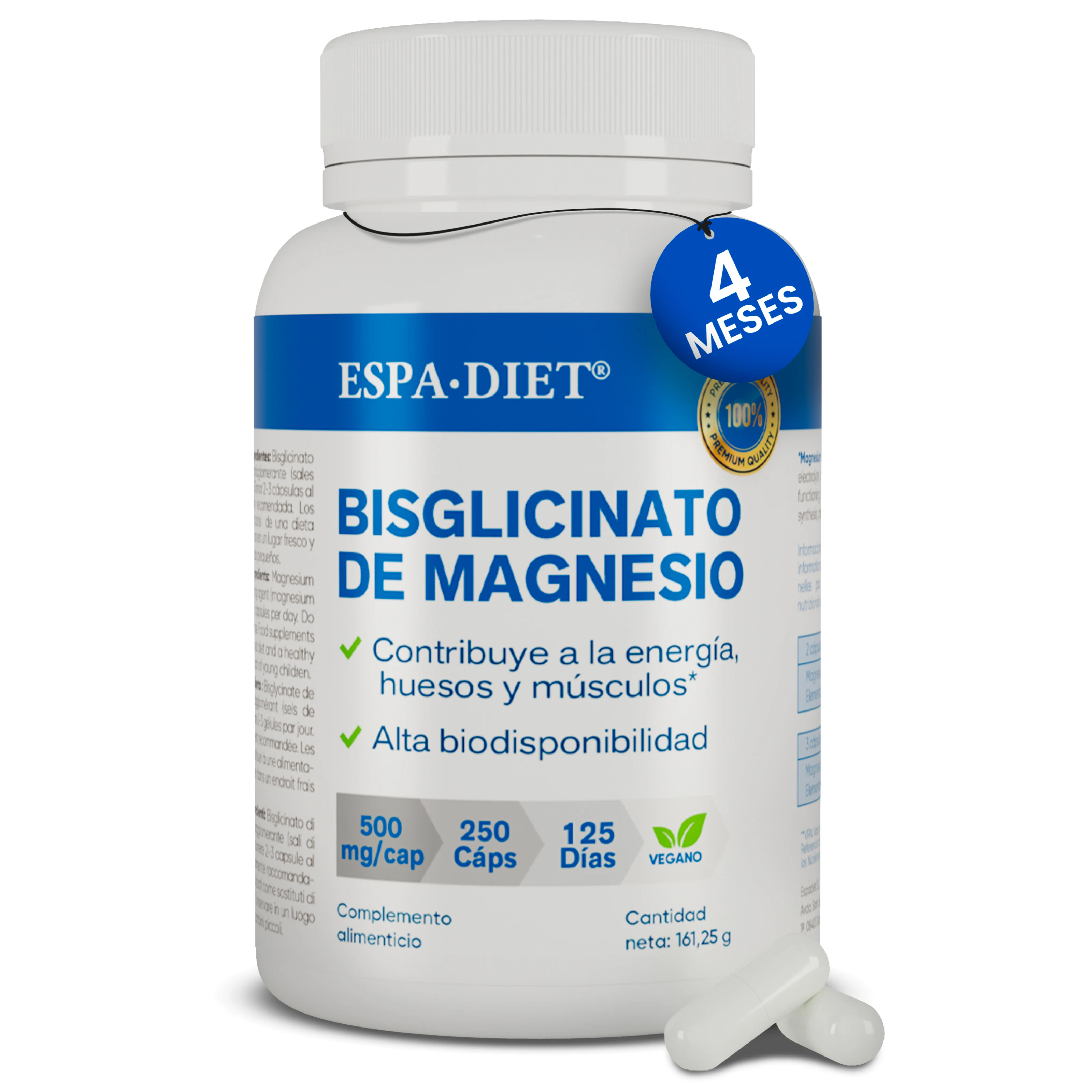 Magnesio Bisglicinato - 500 mg por Cápsula - Magnesio Elemental - Vegan - Complejo Alta Biodisponibilidad, Vegano - 250 Cápsulas