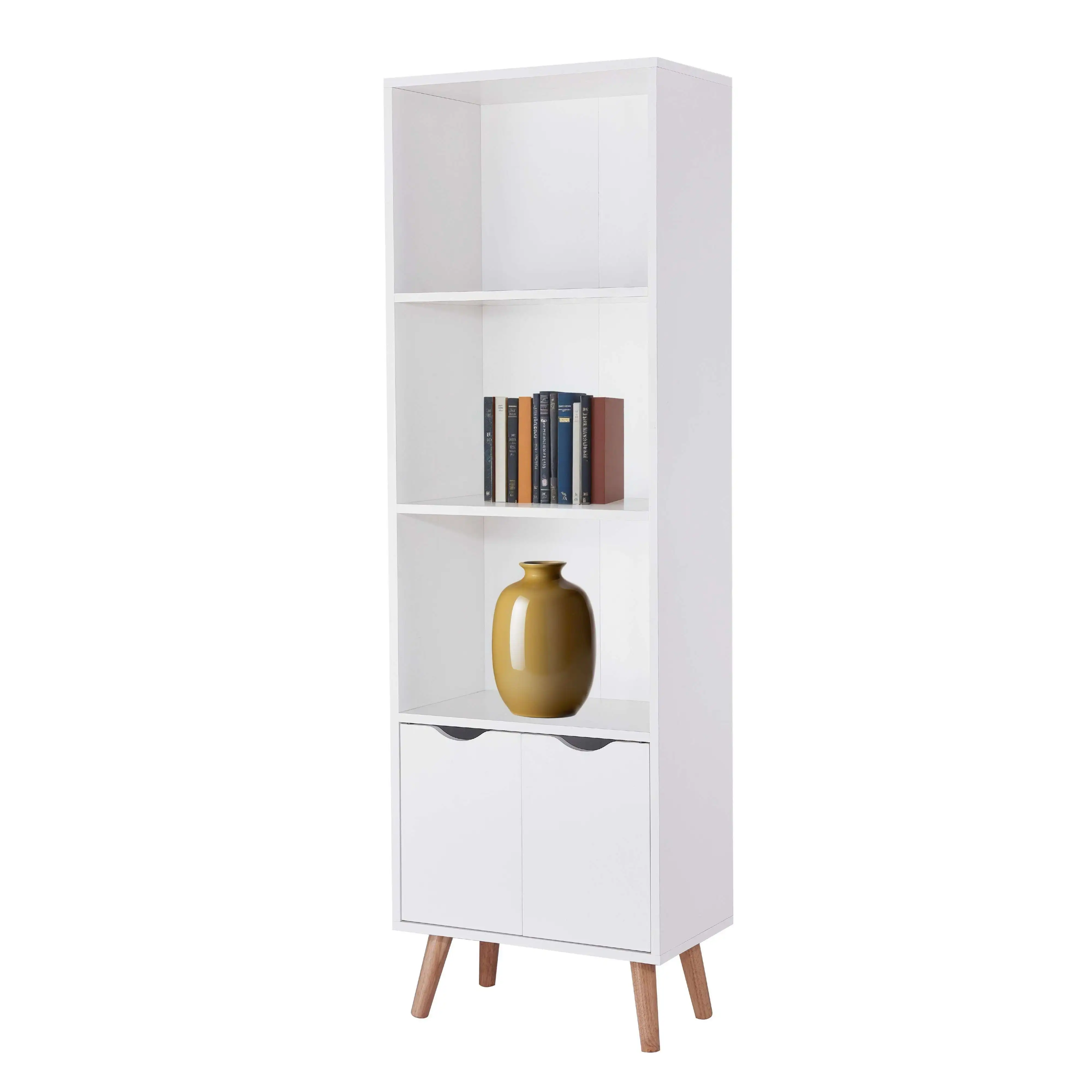 Miroytengo Estantería Salón Comedor Fiano 3 Estantes, 2 Puertas Abatibles, Melamina, Patas pino lacado, Blanco Mate y Roble 50x160x30 cm