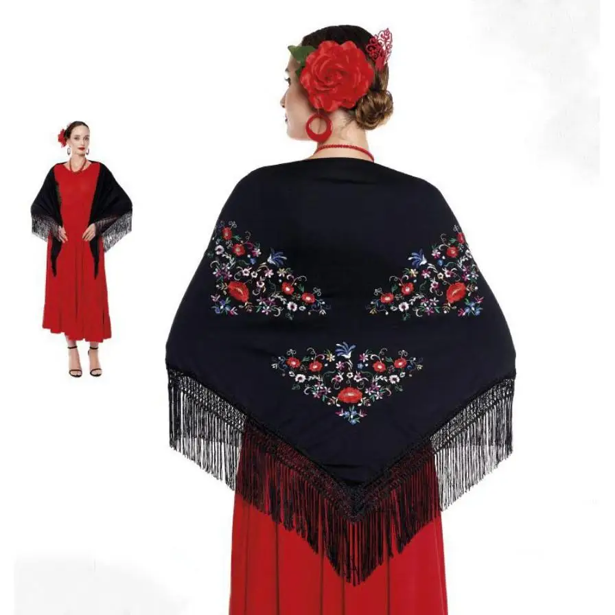 Mantón de Manila bordado de flor colores liso para mujer niña, Manton de Flamenco para el Vestido de Feria, Sevillana o Flamenca Color Negro Rojo Blanco Rosa Azul