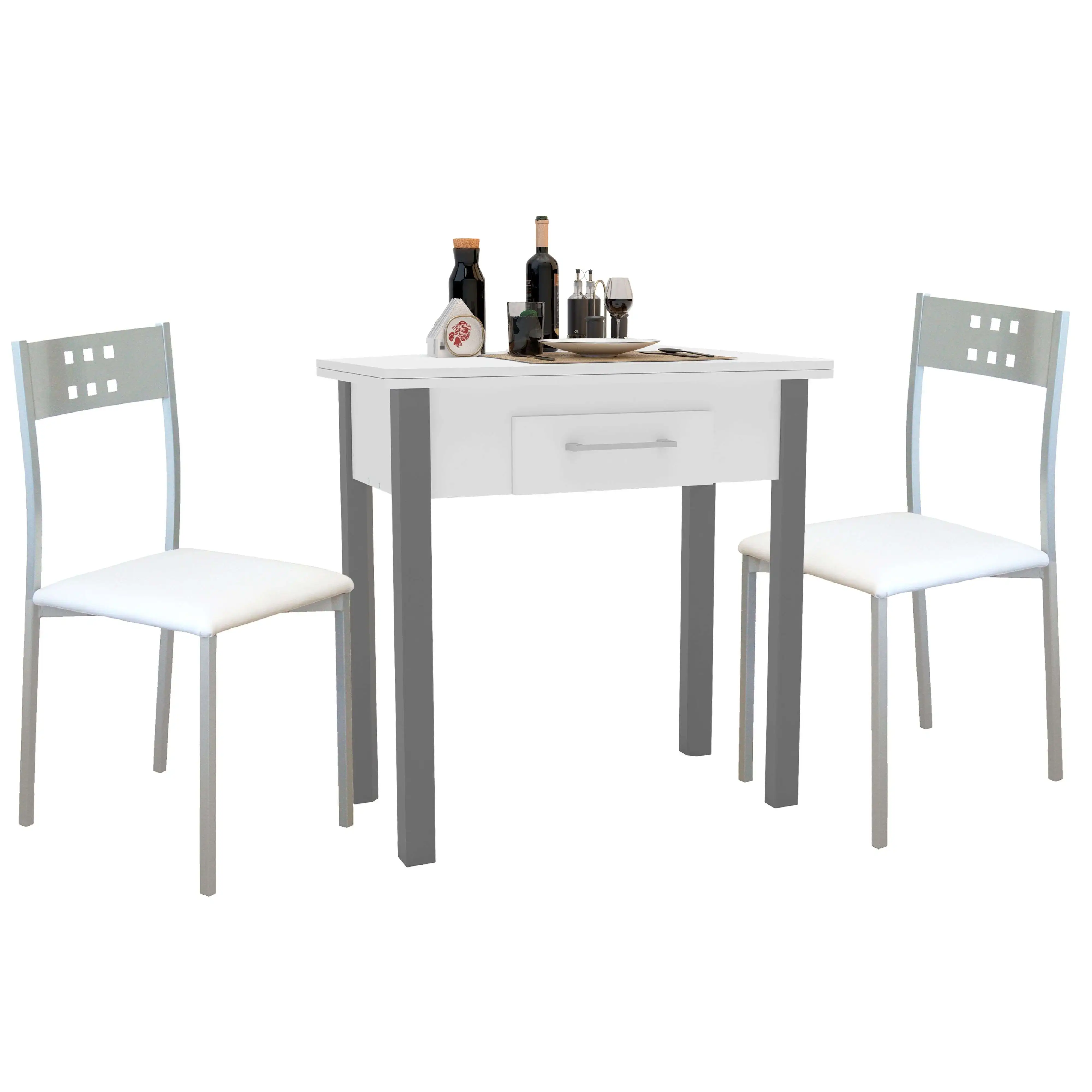 Miroytengo Conjunto de Mesa Extensible con 2 Sillas Cocina, Muebles de Cocina Blanco y Gris