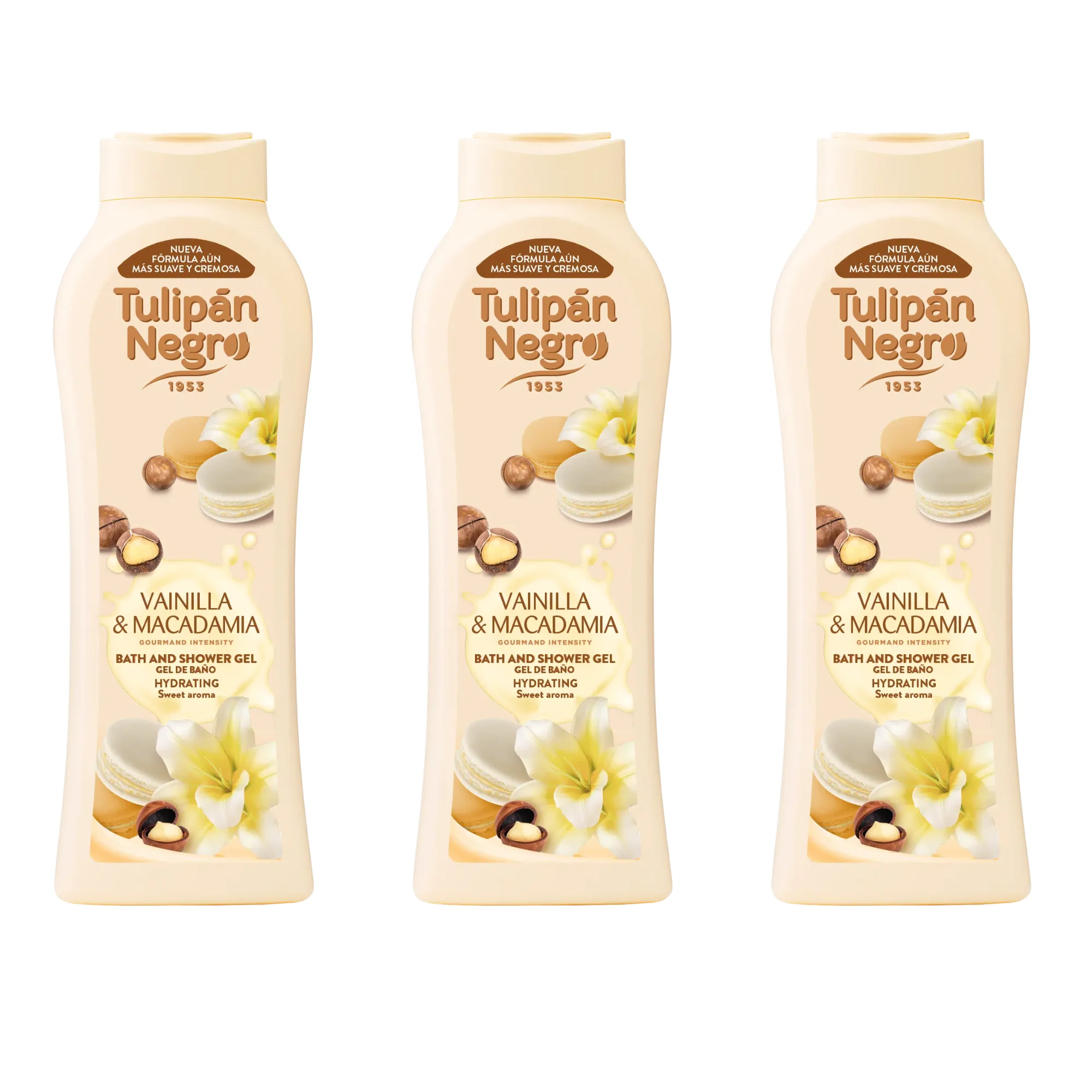 Tulipán Negro  - Pack 3 Geles de Ducha 650 ml | Gel Vainilla & Macadamia | Hidratante, Sin Parabenos, Aroma Dulce y Exótico | Cuidado Diario Corporal