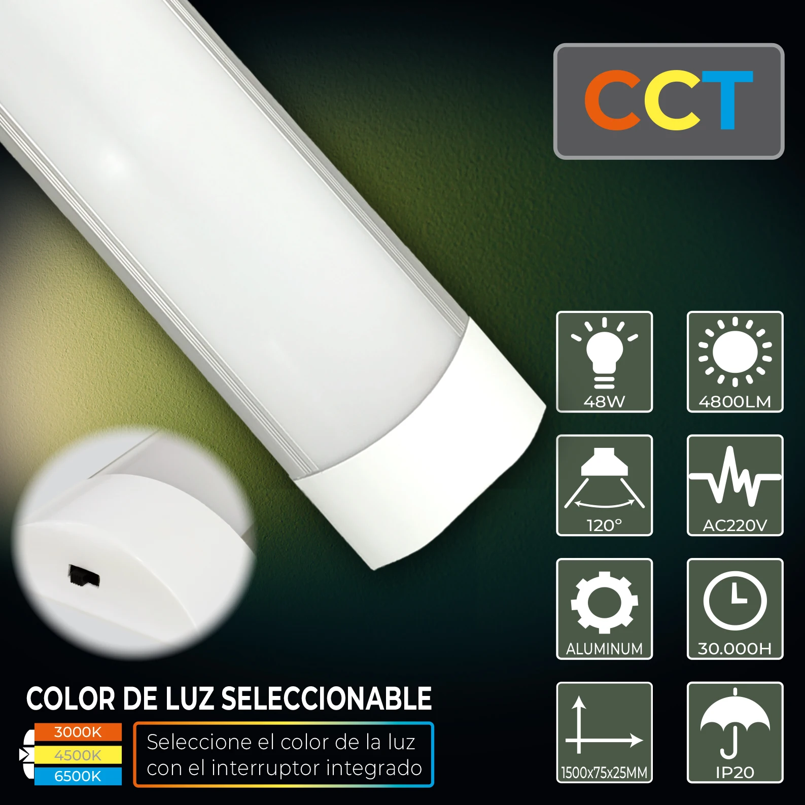 LED ATOMANT 150cm 48W LED Ceiling Light with Color Selector and 4800 Lumens - Opal Diffuser, 220V Connection, 50% Energy Savings, Perfect for Replacing Halogen Screens.