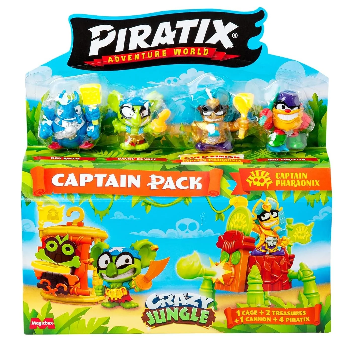 PIRATIX ADVENTURE WORLD Serie Crazy Jungle, Captain Pack Pharaonix – Incluye 4 Piratix, 1 capitán Dorado, 4 Accesorios neón, 1 Jaula, 1 cañón, 2 Tesoros exclusivos, 2 Banderas neón