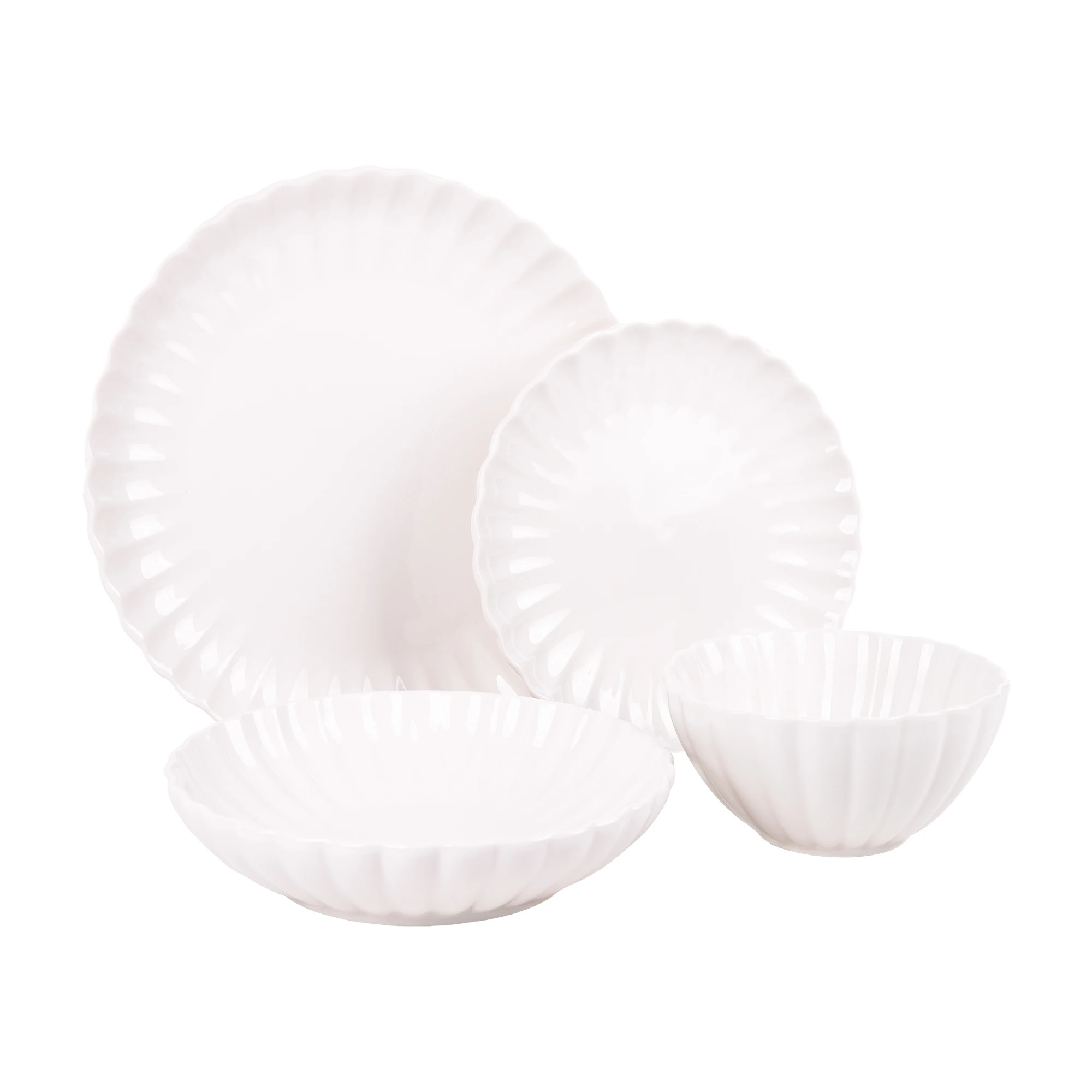 Cofan Vajilla de porcelana esmaltada | Juego de 16 piezas | Diseño en relieve | Color: blanco | Apta para lavavajillas, microondas y horno