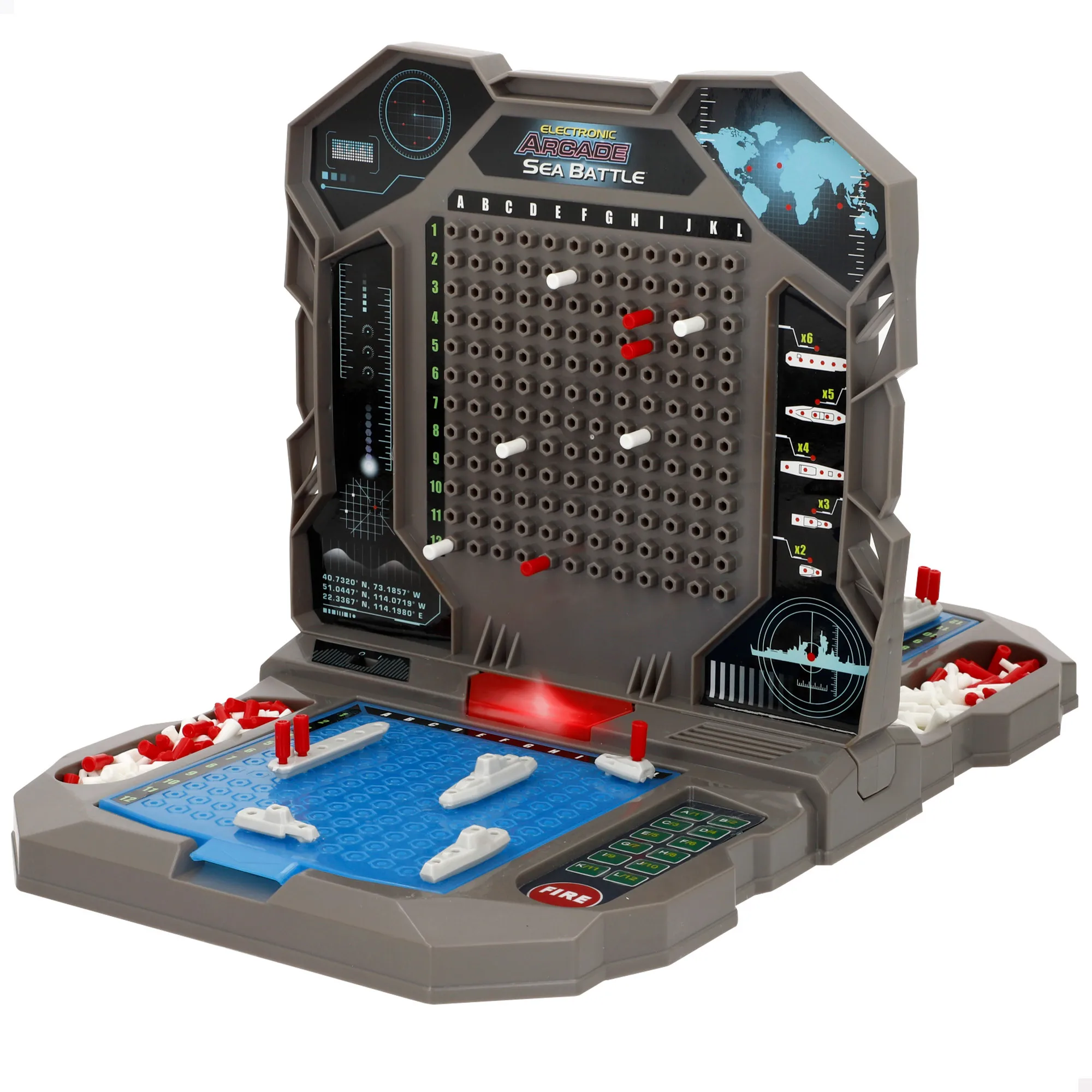Sink the Fleet Electronic Game by CB Games, a 2-player strategy board game with tactical panel and lights, measures 39x24x25 cm, perfect for ages 6+, ideal for family fun and competitive play.
