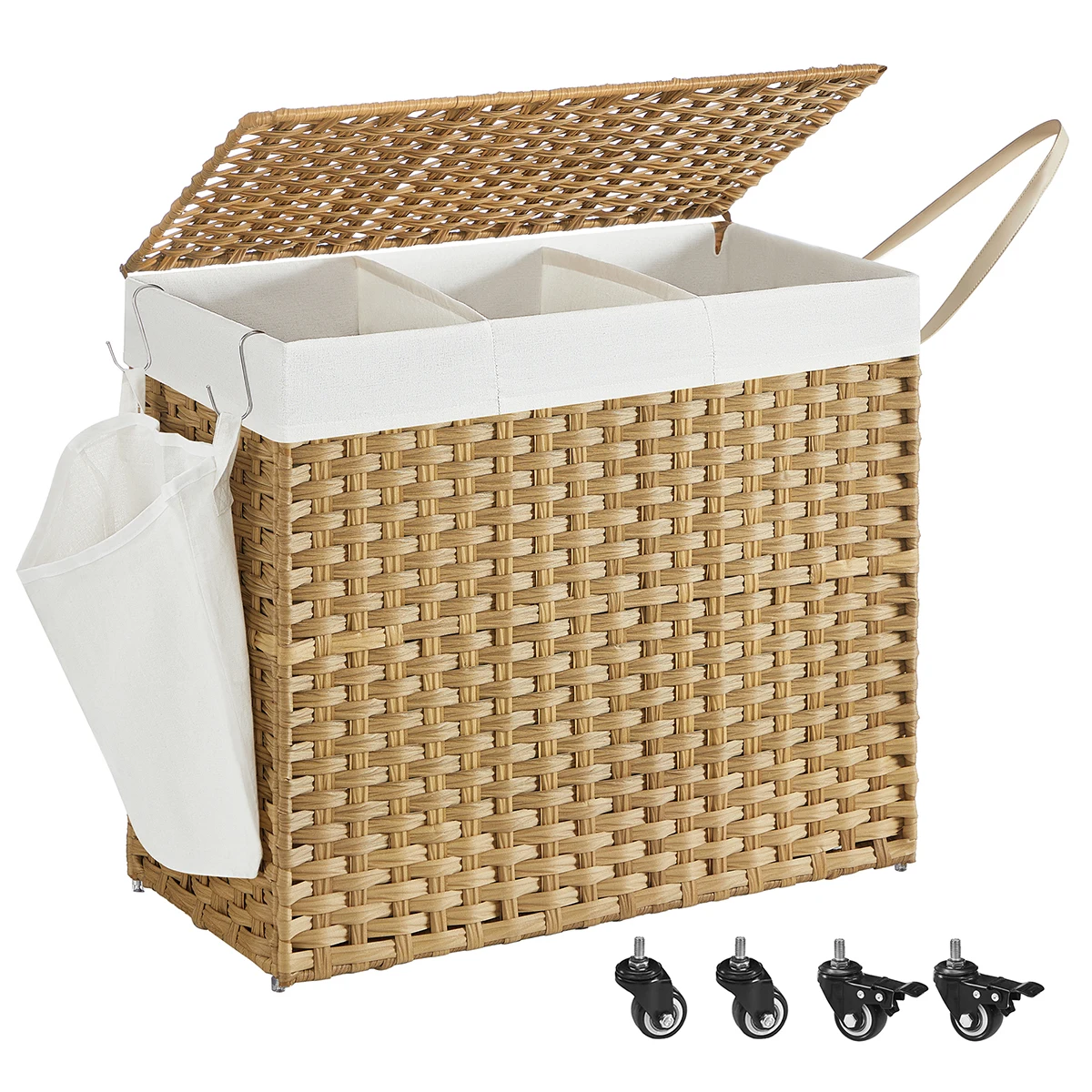 SONGMICS Cesto Ropa Sucia con Tapa, 140 L/160L, Cesta Colada Estilo Ratán con Ruedas, con 3 Compartimentos, Bolsa Interior Extraíble, para Lavandería, Dormitorio, Natural