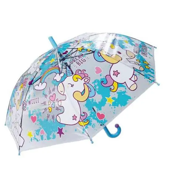 J.S ONDO Paraguas Transparente Bastón Plegable, 50cm Cerrado de NIÑO O NIÑA, Automático, 8 Varillas Resistente Al Viento,DIBUJO ANIMADO UNICORNIO con silbar