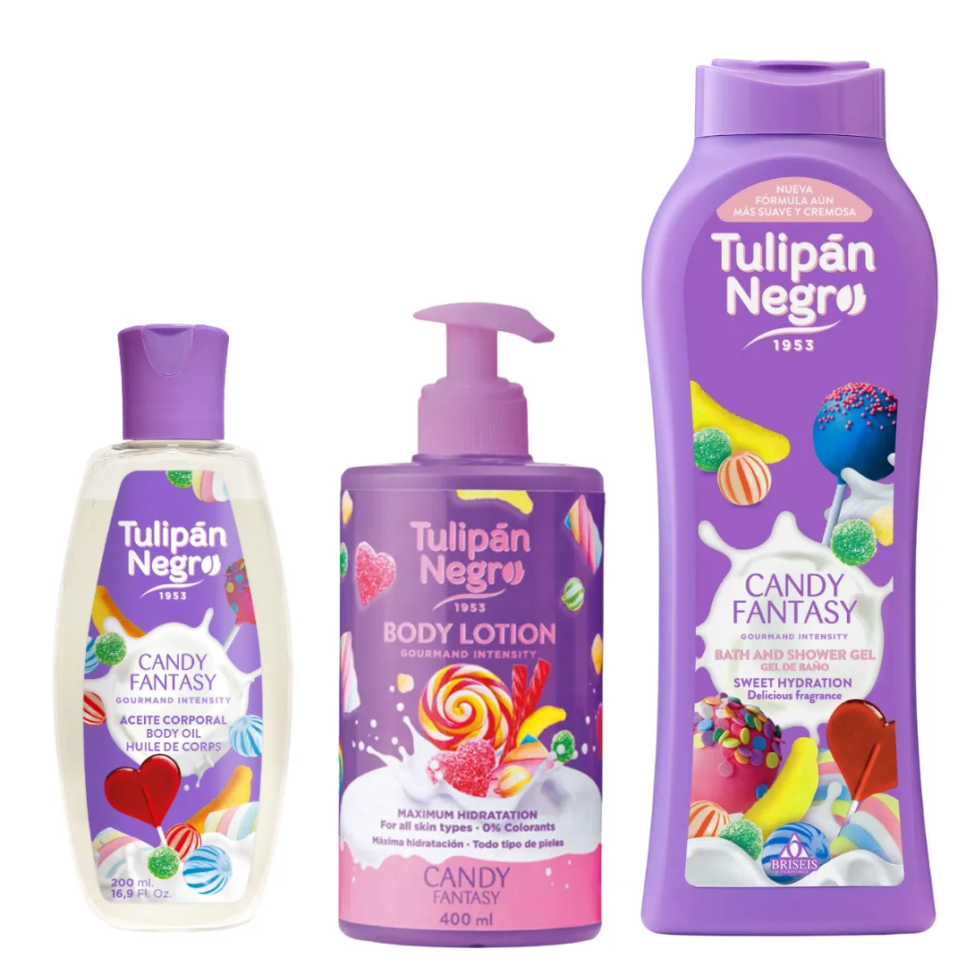 Candy Black Tulip pack aceite corporal, loción corporal y gel de ducha 650 ml hidratación intensa, suavidad y aroma dulce y delicioso para tu cuidado diario. cuida tu piel con tulipán negro, los mejor