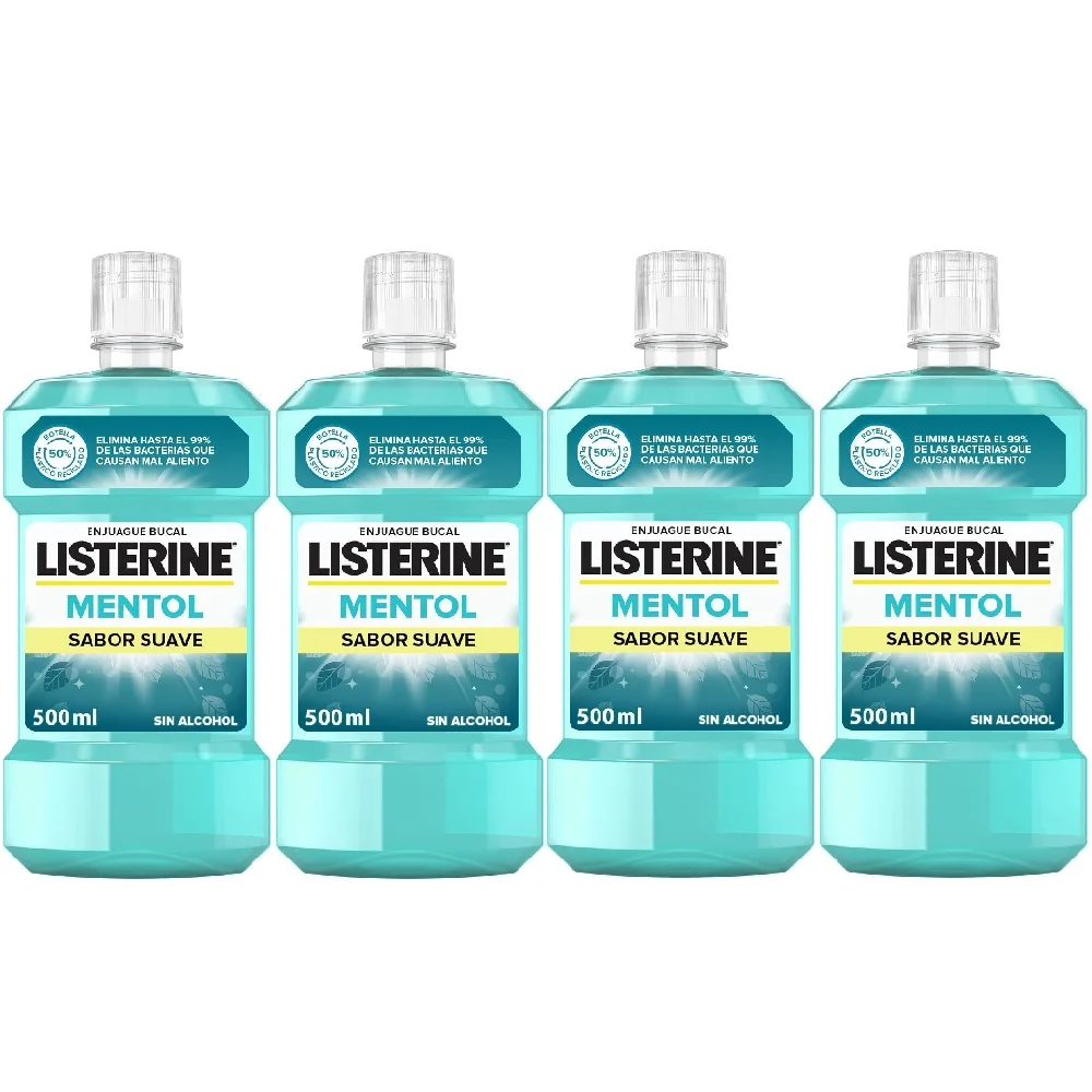 Listerine Enjuague Bucal Mentol Sabor Suave 500ml, Pack Ahorro 4x500ml, Colutorio Con Flúor, Zero alcohol, Ofrece 24 Horas De Protección, Elixir bucal de uso diario Mentolado Para un Aliento Fresco y Duradero