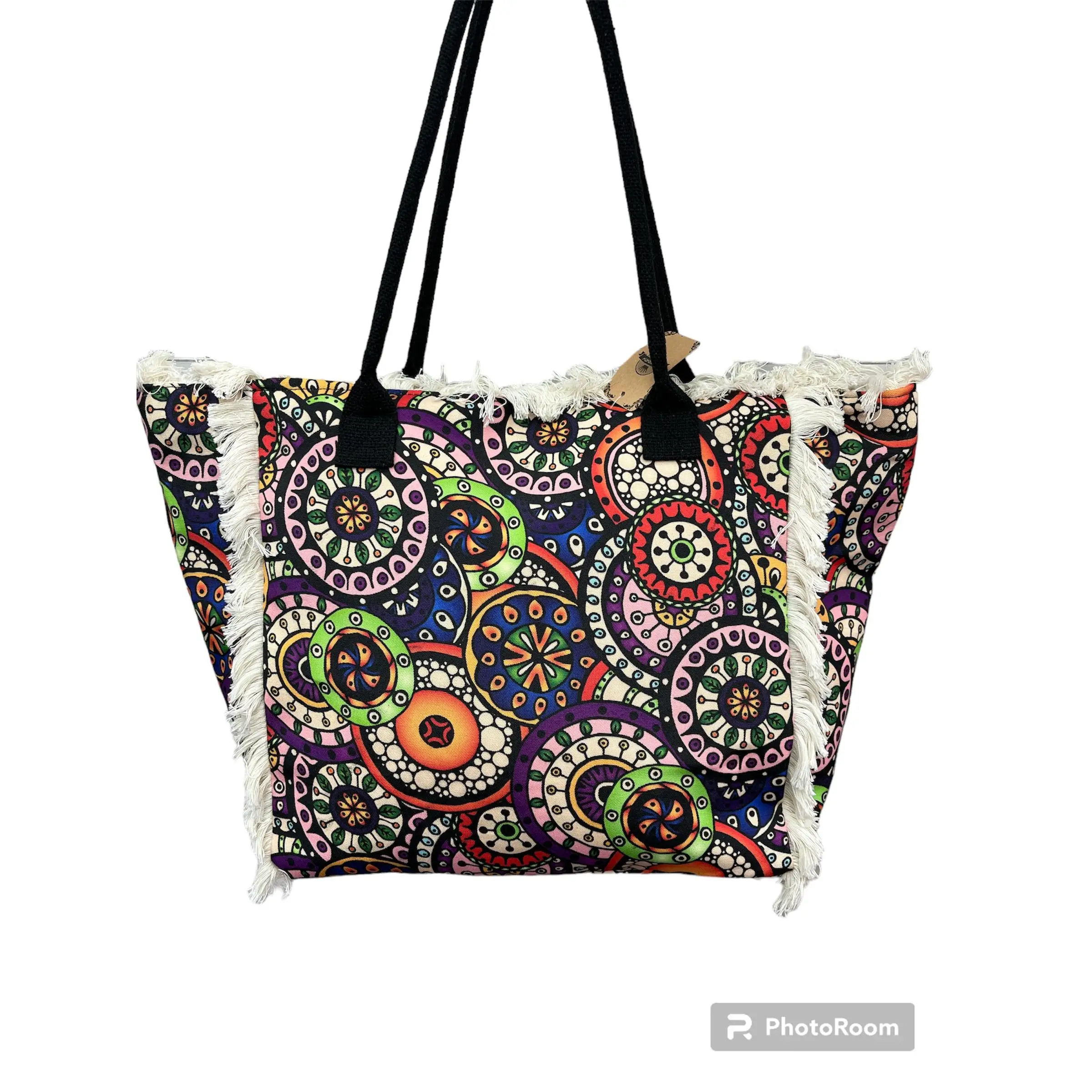 MEJORADA Bolso de playa o piscina grande con estampados de Mandala,con fleco de borla blanco de algodon,tamaño 55*37*19CM.contiene bolsillos interior y forros.tejido 100% poliéster