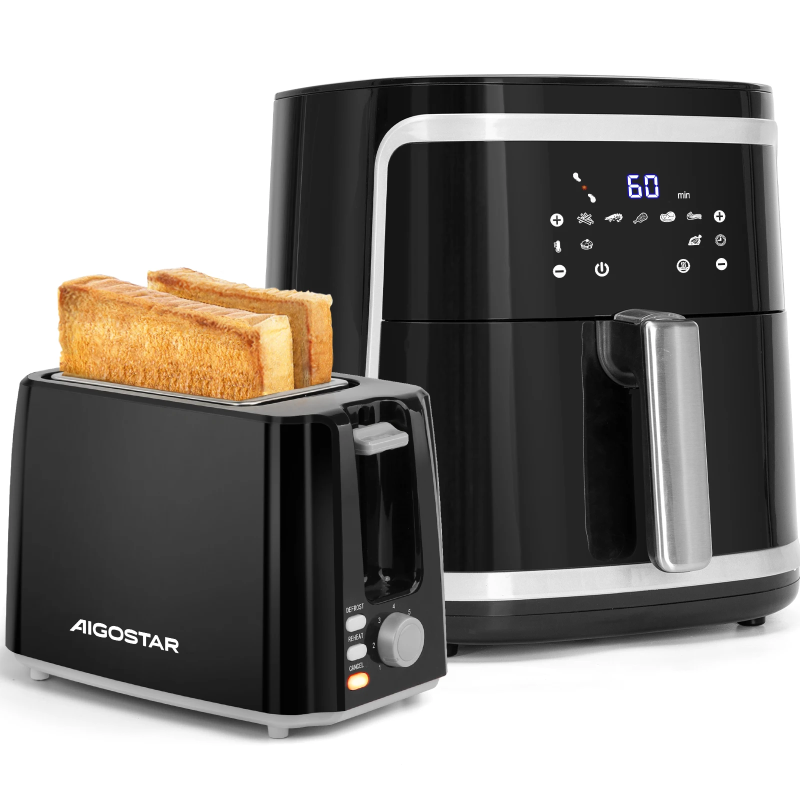 AIGOSTAR Freidora de Aire 7L, 1900W + Tostadora 2 Rebanadas 750W, Multifunción, Sin BPA, con Libro de Recetas, Ideal para Familias