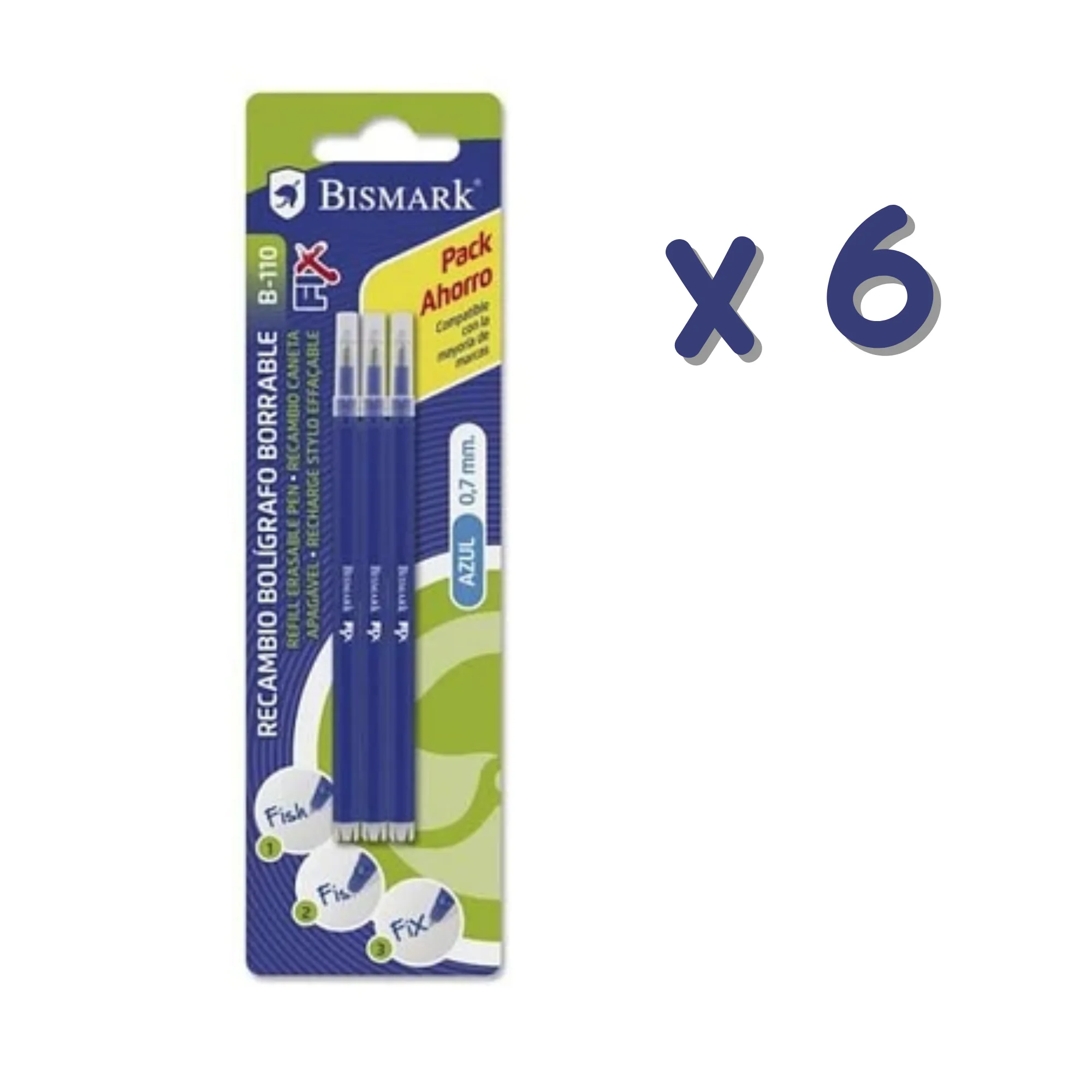 Bismark Fix Pack Ahorro de 6 paquetes - 18 Recambios para Bolígrafo Borrable - Punta Fina 0.7mm - Color Azul