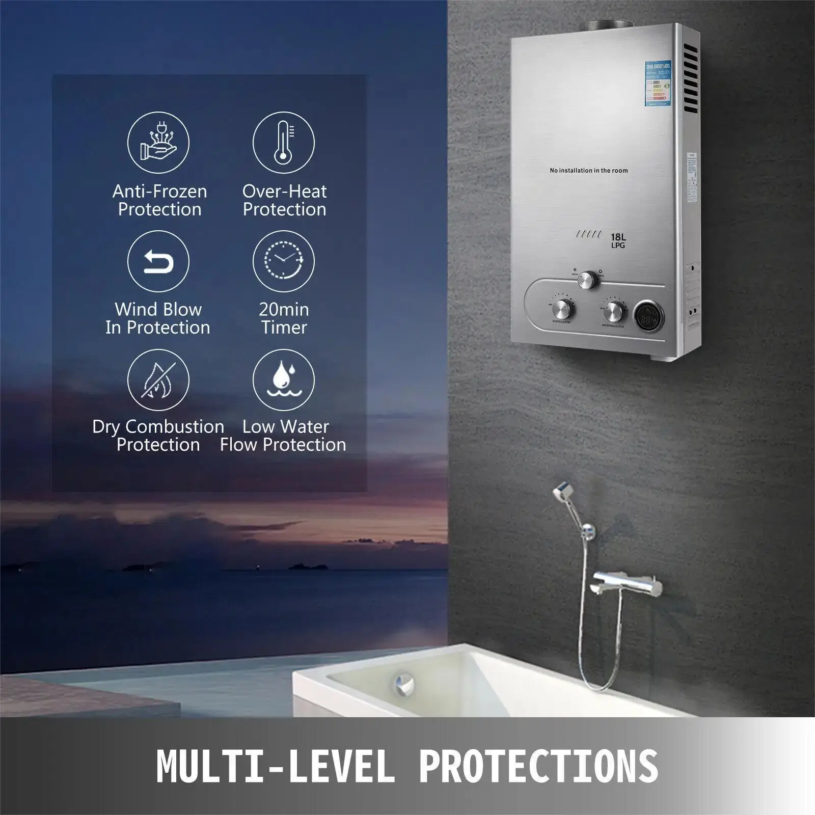 6L/8L LPG Gas Water Heater Stainless Steel Tankless Propane Gas LPG Boiler With Shower Kit Home Camping Appliance