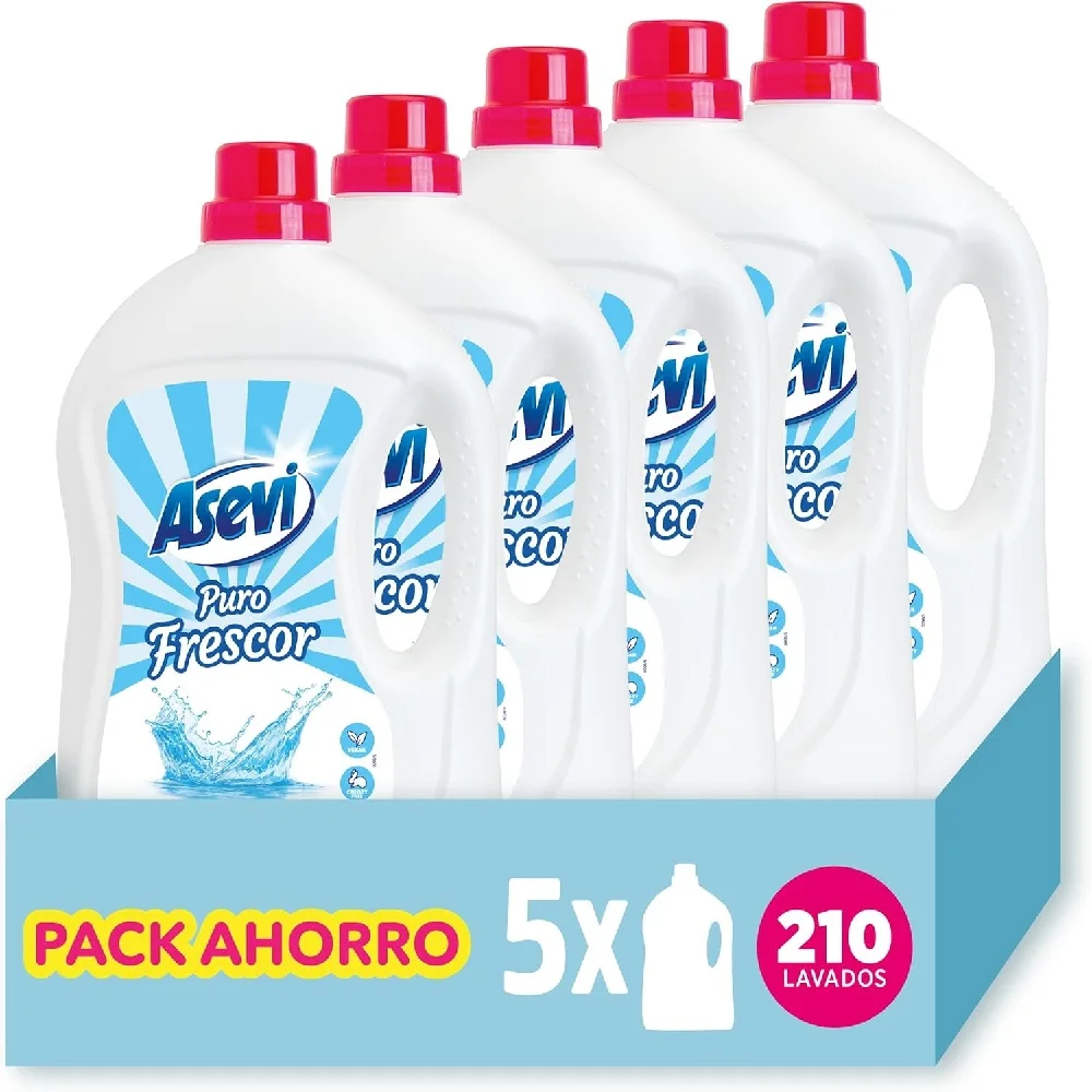 Asevi Detergente Puro Frescor 42 Dosis, Pack Ahorro 5x42 Dosis Total 210 Lavados - Formula Concentrada, Para Ropa Blanca y de Color, También Lavado a Mano, Extra de Frescura para una Ropa Limpia y Perfumada