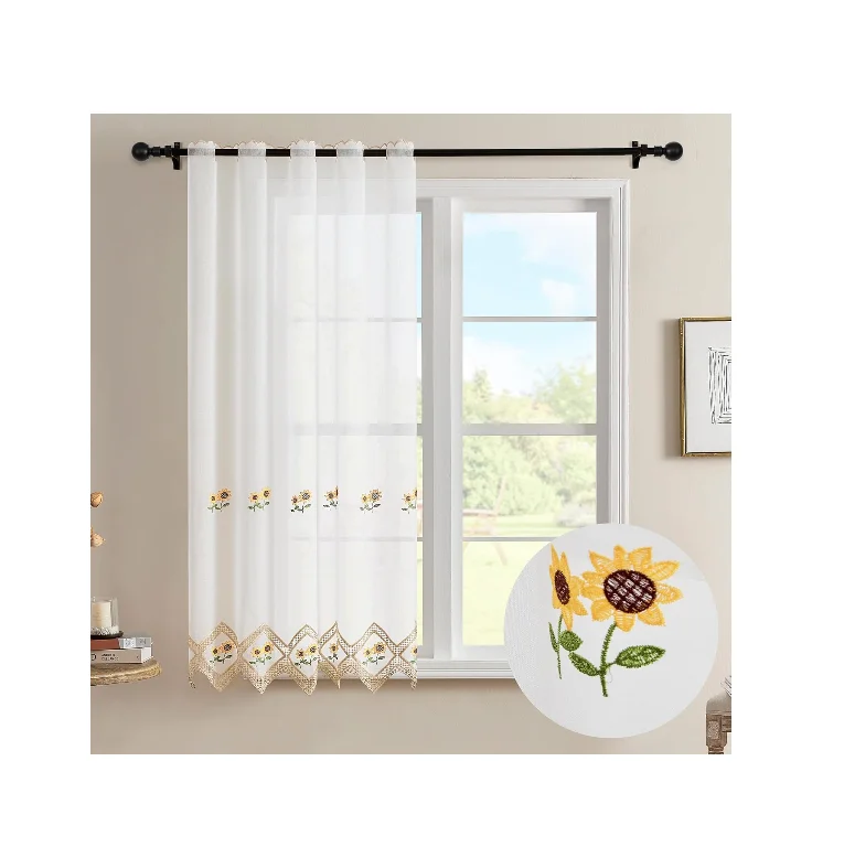 Cortina de Cocina Transparente con Bordado Floral, Visillo de Encaje Decorativo, Cortina Corta para Ventana, Estilo Campestre, 105x140 cm / 150x140 cm
