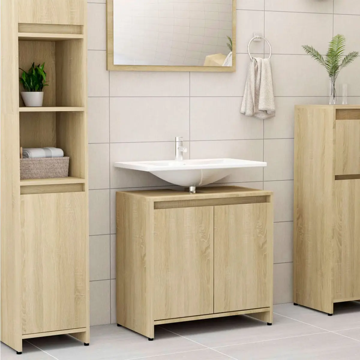 San Vicente bathroom cabinet, made of plywood with a modern design, featuring 2 doors, elevated feet for moisture protection, and non-slip pads, perfect for bathroom storage. Ideal durable furniture for efficient organization. #2