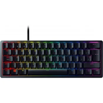 Razer Huntsman Mini Purple Switch (Spanish) compact gaming keyboard with Razer Purple switches for fast tactile response, 60% design, RGB backlighting, ideal for gamers seeking precision and speed.